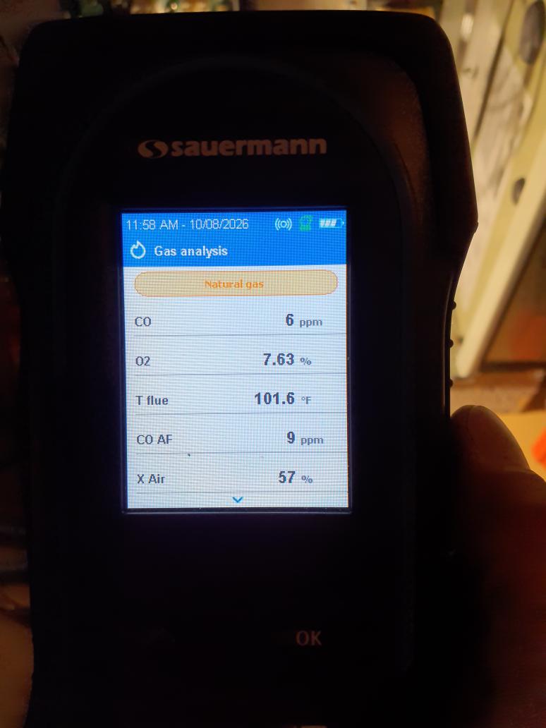 Furnace maintenance inspection performed<br>cycled Furnace in stage 1 and stage 2 heat <br>ran combustion test with satisfactory results CO @ 6ppm well within specifications. <br>Inspect filter: replaced with customer stock<br>Inspect burners: slight amount of rust brushed off burners <br>Ohm ignitor: 50.7<br>Clean flame sensor: cleaned<br>Inducer amps: .2/.3<br>Blower Motor amps: 5.6<br>All wiring OK<br>Humidifier: turned damper on and set humidity at 30%<br>Temperature rise: 59.4 Delta T in stage 2 45 degrees Delta<br>T in stage 1<br>Furnace is running in optimum condition. <br>
