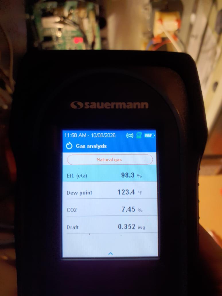 Furnace maintenance inspection performed<br>cycled Furnace in stage 1 and stage 2 heat <br>ran combustion test with satisfactory results CO @ 6ppm well within specifications. <br>Inspect filter: replaced with customer stock<br>Inspect burners: slight amount of rust brushed off burners <br>Ohm ignitor: 50.7<br>Clean flame sensor: cleaned<br>Inducer amps: .2/.3<br>Blower Motor amps: 5.6<br>All wiring OK<br>Humidifier: turned damper on and set humidity at 30%<br>Temperature rise: 59.4 Delta T in stage 2 45 degrees Delta<br>T in stage 1<br>Furnace is running in optimum condition. <br>