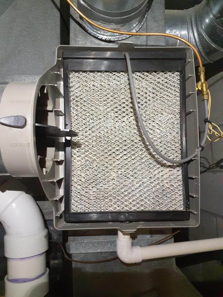 Furnace maintenance inspection performed<br>Inspect filter: good replaced recently <br>Inspect burners: stainless burners free of rust and debris <br>Ohm ignitor: 50.9 ohms good<br>Clean flame sensor: cleaned <br>Inducer amps: 0.1 amps low heat 0.3 amps high heat<br>Blower Motor amps: 1.5 amps low fire 3.3 amps high fire<br>All wiring OK<br>Humidifier: water panel changed no signs of water outside panel sleeve, water confirmed on the water panel itself Humidifier is working properly <br>Temperature rise: 34 degrees low heat and 47 degrees high heat <br><br>Cycled the Furnace in heat mode and observed normal sequence of operation.<br><br>Secondary issue was the Humidifier leaking. Found water panel was heavily corroded and needed replaced. Scale buildup was also preventing proper drainage from the panel sleeve which resulted in leaking from the right side of humidifier cabinet. Corrected this issue first before maintenance and no water leaking into or out of humidifier cabinet. 