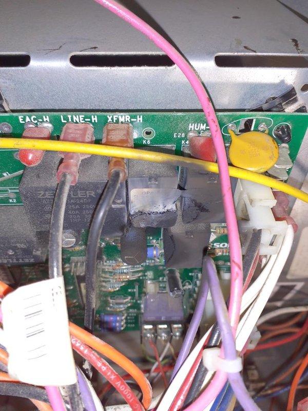 Performed diagnostic on furnace with no response on initial startup. Inspection of the integrated furnace control board revealed heat damage and scorching on the high-voltage line-side relay (Zettler) and adjacent components, with charred sealant and tape in the surrounding area, confirming a failed control board. Recommend replacement of the integrated furnace control board and inspection of associated wiring and terminal connections for heat damage prior to returning the unit to service.