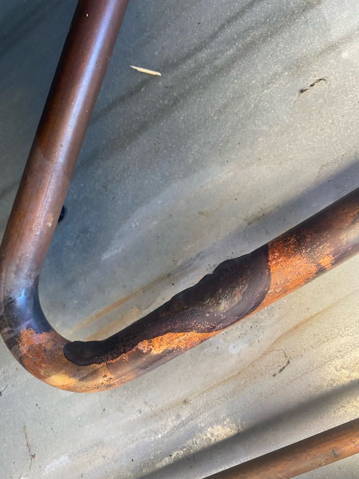 Corning, CA - Found and repaired refrigerant leaking on suction line. Wires were rubbing on copper causing it to cut though and make a hole. Pressure tested system, vacuumed down system, then recharged with 4.5lbs of refrigerant. Checked system operations and temperature split. Everything checked out, system now cooling and operational at this time. Serviced unit in Corning CA Corning, CA - Found and repaired refrigerant leaking on suction line. Wires were rubbing on copper causing it to cut though and make a hole. Pressure tested system, vacuumed down system, then recharged with 4.5lbs of refrigerant. Checked system operations and temperature split. Everything checked out, system now cooling and operational at this time. Serviced unit in Corning CA