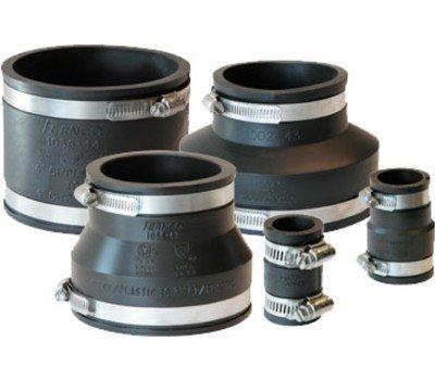 Supplied rubber pipe couplings in five graduated sizes with stainless steel hose clamps for connecting pipes of varying diameters, along with a cable clamp mounting bracket with hardware for securing conduit or piping to surfaces. All components photographed and documented for installation-ready delivery.