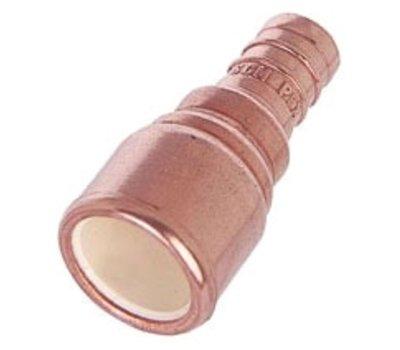 Inspected and documented plumbing connector fittings for estimation purposes. Photographed copper-alloy barbed fitting with internal gasket sleeve and threaded brass coupling component to assess compatibility and condition for upcoming installation or repair work.
