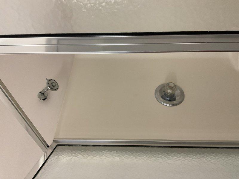 Documented significant water damage and mold contamination in attic insulation system, with extensive dark staining indicating moisture intrusion requiring remediation. Additionally inspected bathroom shower enclosure with chrome fixtures and white surfaces, confirming proper installation of mounting hardware and door framing components.