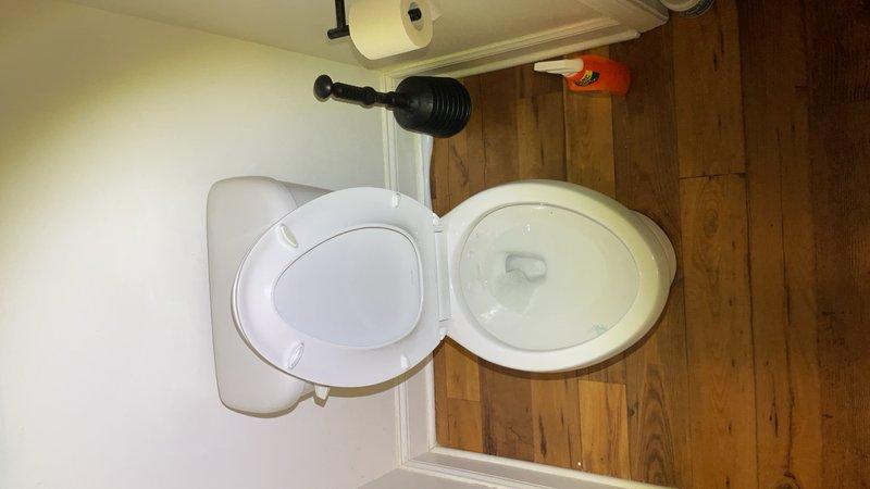 Completed toilet installation in residential bathroom. Installed new white porcelain elongated bowl toilet with chrome flush handle on existing wooden plank flooring, ensuring proper positioning, secure mounting, and leak-free connections to existing plumbing.