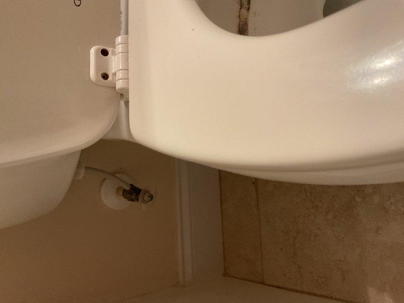 Inspected toilet tank and water supply system due to visible rust staining and corrosion buildup. Documented interior tank condition showing significant mineral deposits, rust discoloration around fill valve assembly, and deterioration of internal components. Assessed water supply line connection, fill valve mechanism with flexible hose assembly, and float mechanism for proper operation and potential replacement needs.