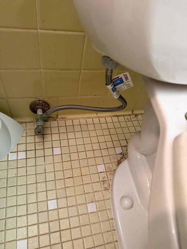 # Toilet Water Supply Line Inspection and Floor Assessment

Performed inspection of bathroom toilet installation focusing on water supply connection and floor condition. Examined braided metal flex supply line with chrome fittings connecting to toilet fixture. Documented existing floor tile deterioration, including extensive grout line staining, brown discoloration patterns, and rust-colored deposits throughout cream mosaic tile surface. Inspected red pump assembly component with associated plumbing connections and mounting hardware. Photographed current condition of all components for maintenance records.