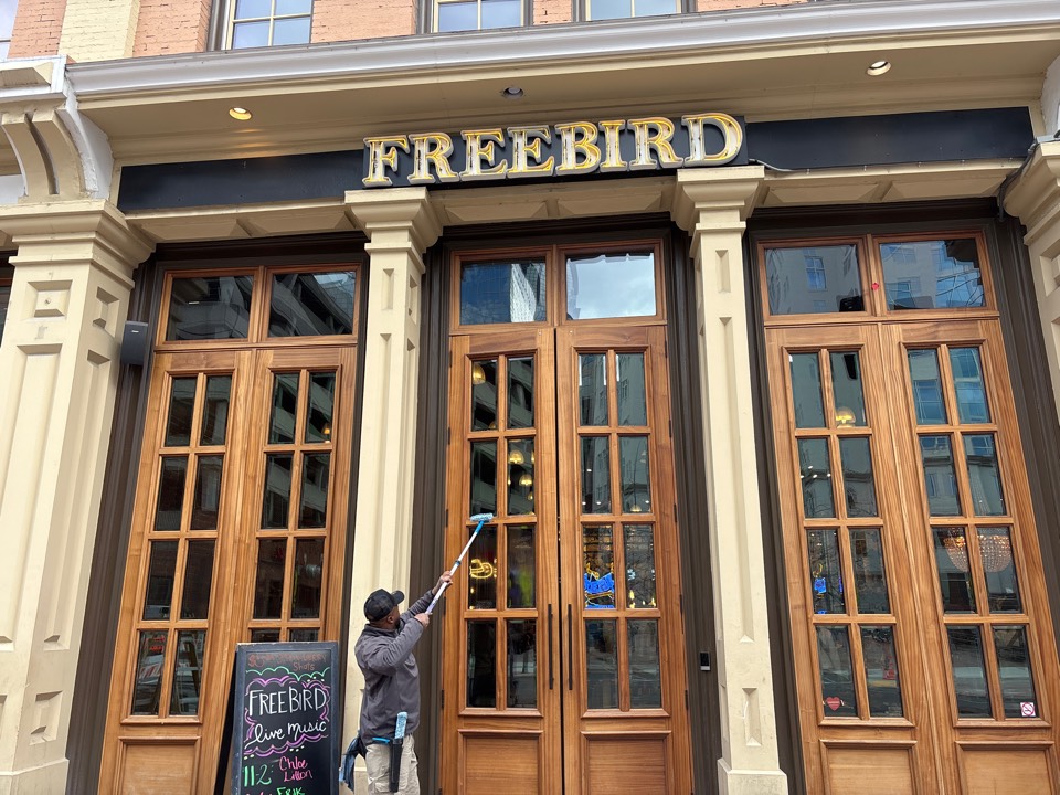 Nashville, TN - Window Hero is happy to complete a job for Freebird’s, a local restaurant in Nashville. They wanted to ensure their windows were clean, so we cleaned the inside and outside of their windows. We used a ladder and a squeegee to remove dirt, grime, and stains from the glass. Freebird’s was very pleased with the results, and we were happy to help them maintain a clean and inviting environment for their customers.