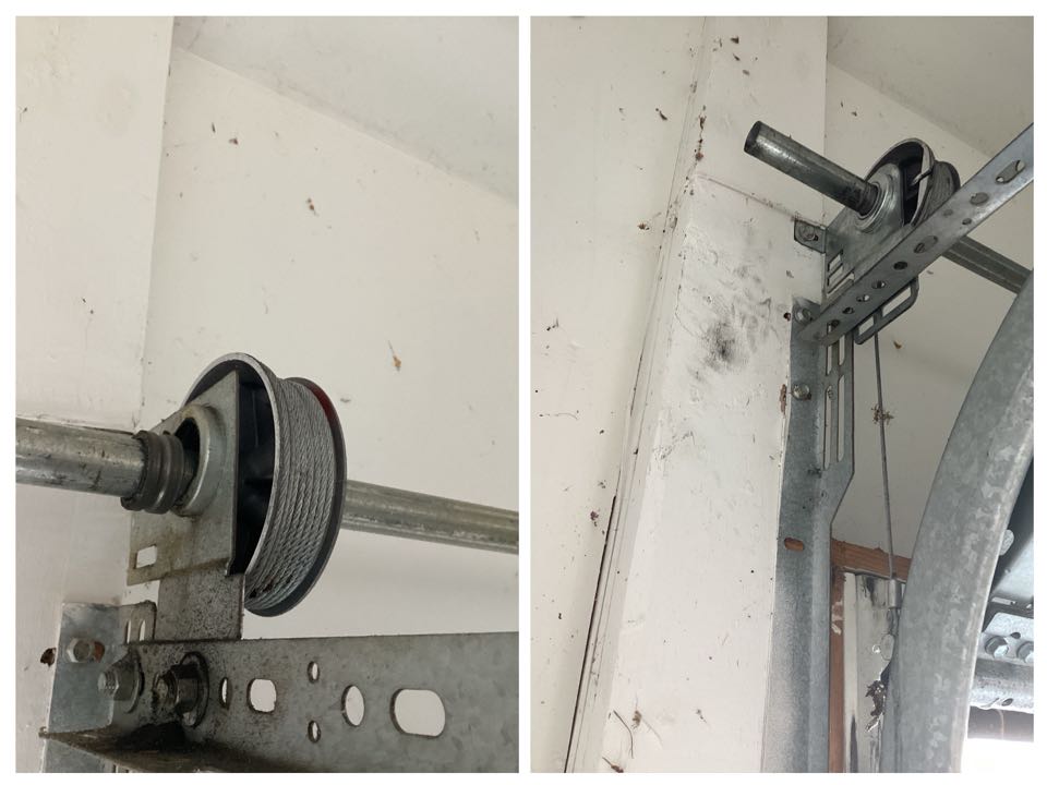 Service needed on a single two car metal garage door making noise. Found the problem had to replace end bearing plates and sensors were not working. Had to replace sensors to the garage door operator.