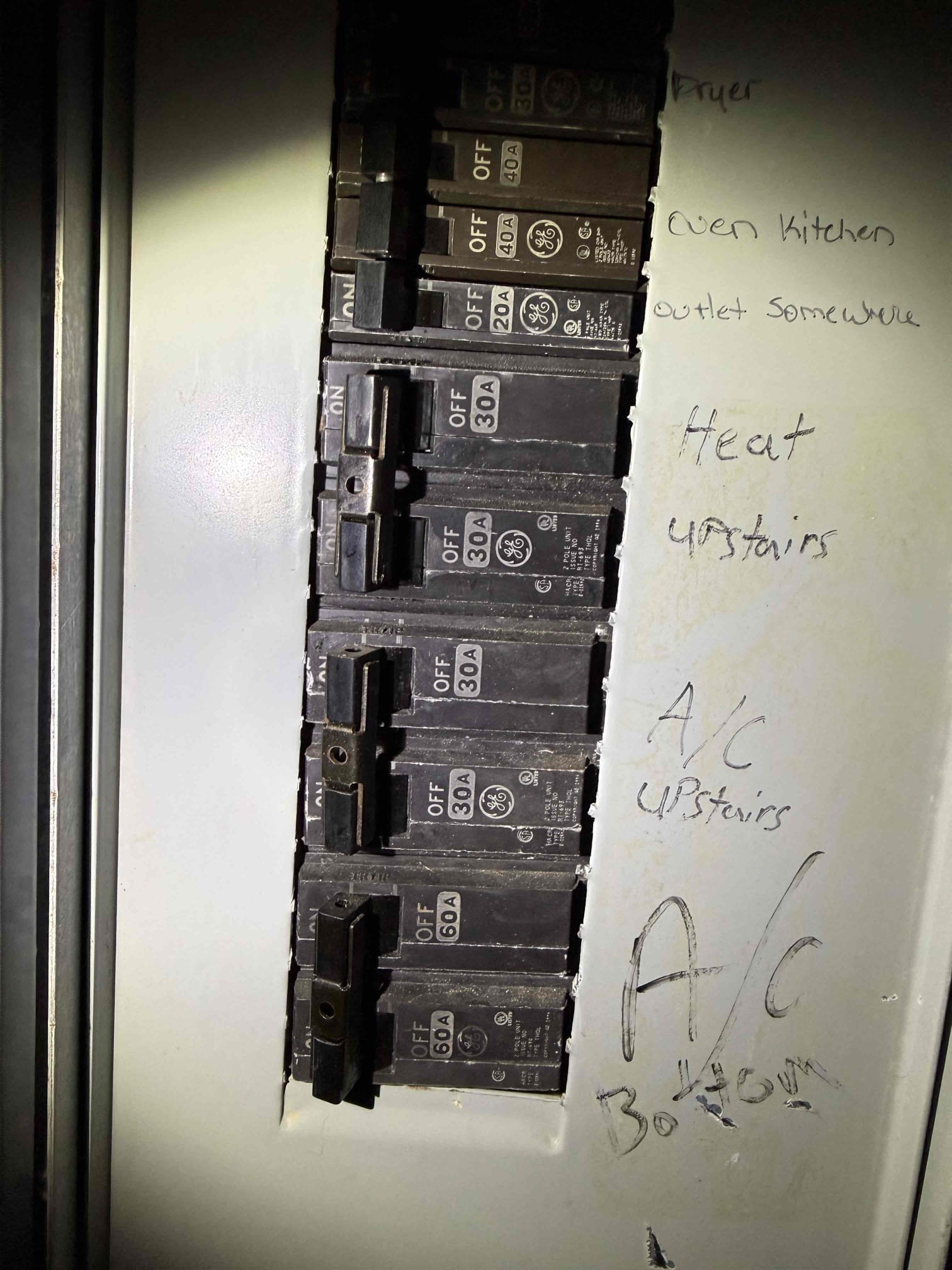 We need to put in a work order for a designated power source for the heat kit on the package unit. Customer states she will be out of town next week, but she can get her neighbor to come over if we want to set up a day for next week.
Room will need to be made in this panel with slim line breakers. There is room to change out 130 slim line and another 40 slim line to create the room to add our designated power source. This job will require our unit to be running on a 30-amp breaker for the heat pump and a 50-amp breaker for the 7.5 KW heat kit
Please note that the breaker box is directly to the right of the package unit
The wire that is present now is number six wire going to the 60-amp breaker. So, if we just changed that breaker there on the number six wire to a 50-amp breaker, we could use it on the heat kit and just add a disconnect and eight wire to a 30-amp breaker for the heat pump.
Materials will be approximately 15 feet of number eight wire, a disconnect and a liquidity and fit