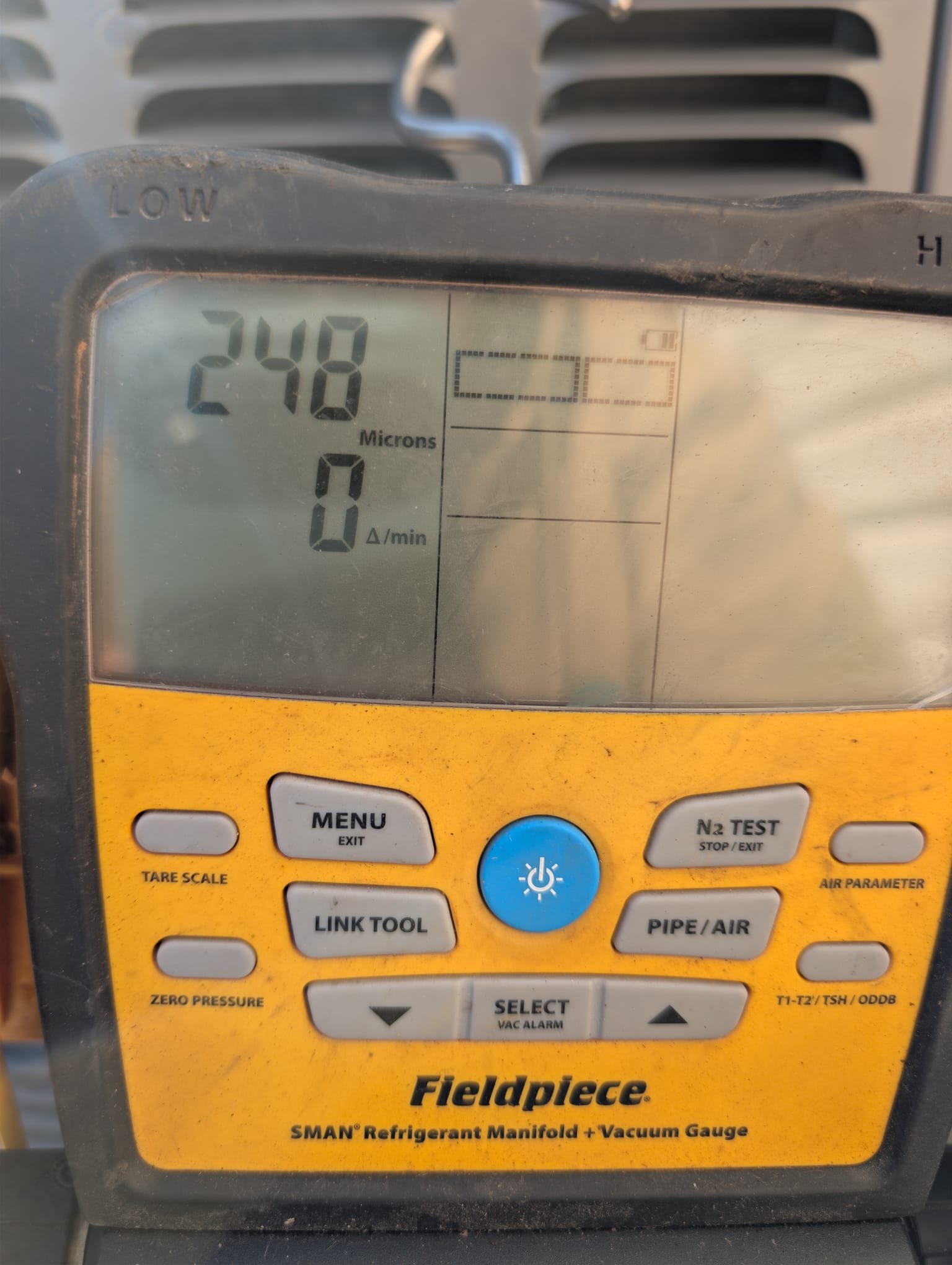Repair leak 
Add up to 7lbs freon
Fix wiring 
Membership

Sold repairs, found leak in the outdoor system in the suction line, we need to add up to 7lbs of freon, and fix the wiring tstat at the control board customer said tstat downstairs controls second floor and tstat upstairs controls first floor, heads up customer works third shift, explained him the install crew will be at his house today after they finish the repair they are doing right now. Just text him or give him a call with a time frame. Collected 2019.80 paid with debit card 

Arrived to fix leak at condenser. Pulled remaining refrigerant into system. Brazed system back in and pressure tested system to over 300psi. Watched pressures for 15 minutes and soap bubbled all joints on the outside. Pulled vacuum to below 500 microns. Charged system with 8lbs of 410a. Swapped damper wiring at zone control board. Verified operation in cooling and heating. System is operational at time of departure. During cooling maintenance may need