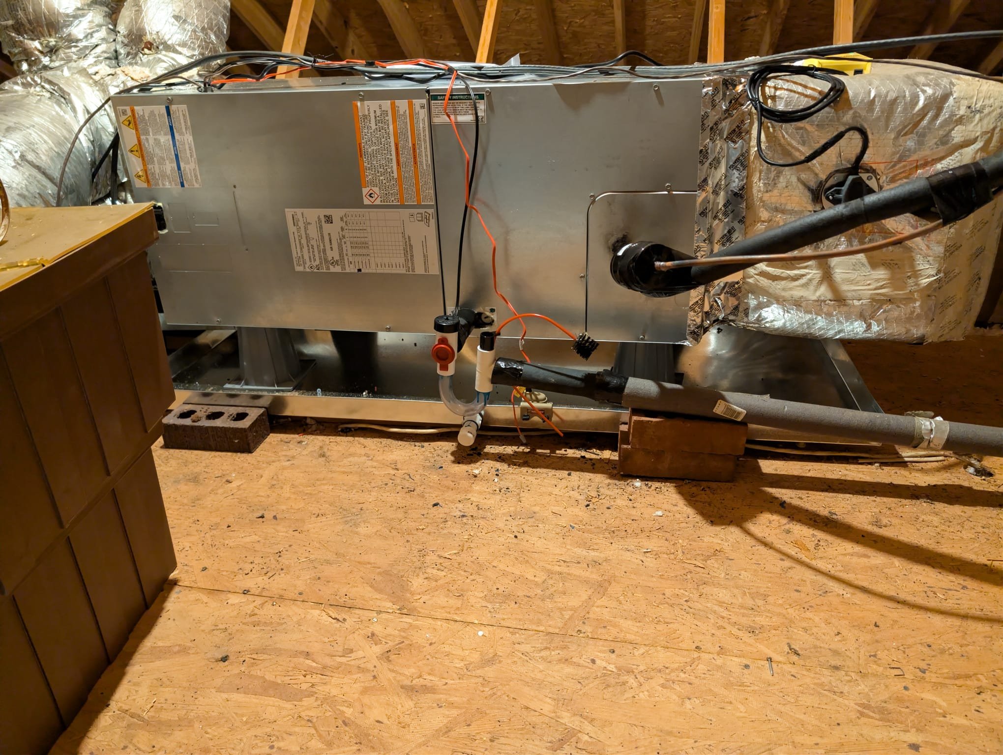 Installation of 2-Ton Heat Pump/Air Handler.
-New Pad
-New Whip
-New Disconnect
-New Thermostat 
-10/1 Warranty
-1- Year Maintenance 

Replaced 2-ton heat pump and air handler. Replaced pad, pan, thermostat, disconnect and whip. Replaced 15amp breaker with 20-amp breaker. Flushed line set and drain line. Pressure tested and pulled vacuum to below 500 microns. Verified operation in heating mode. System is operational at time of departure.