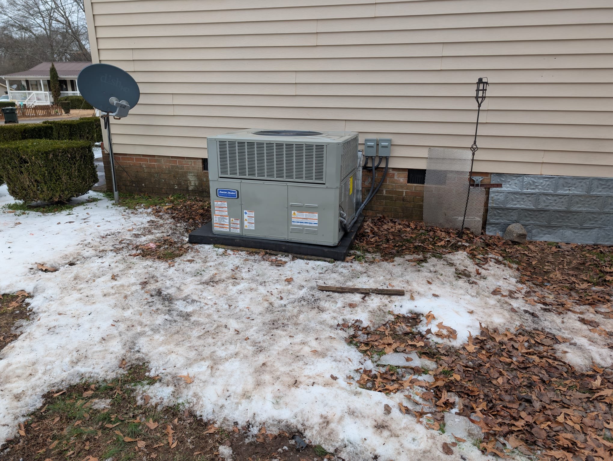 Replaced 2.5 ton heat pump package unit. Replaced pad, disconnects,whips, thermostat. Removed destroyed ductwork and reconfigured to provide airflow. Built new flashing and sealed with silicone. Verified operation in heating mode. System is operational at time of departure.
