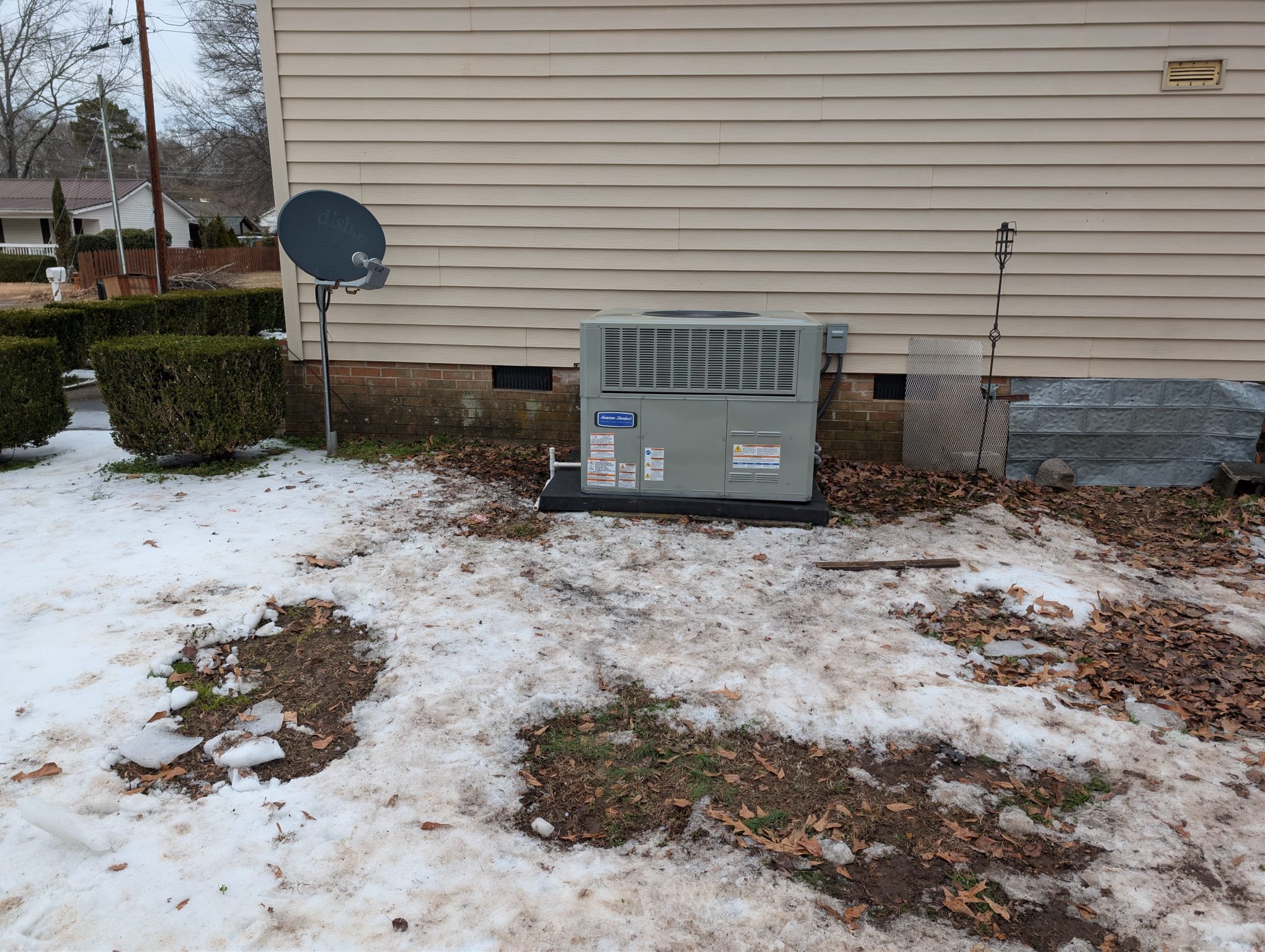 Replaced 2.5 ton heat pump package unit. Replaced pad, disconnects,whips, thermostat. Removed destroyed ductwork and reconfigured to provide airflow. Built new flashing and sealed with silicone. Verified operation in heating mode. System is operational at time of departure.