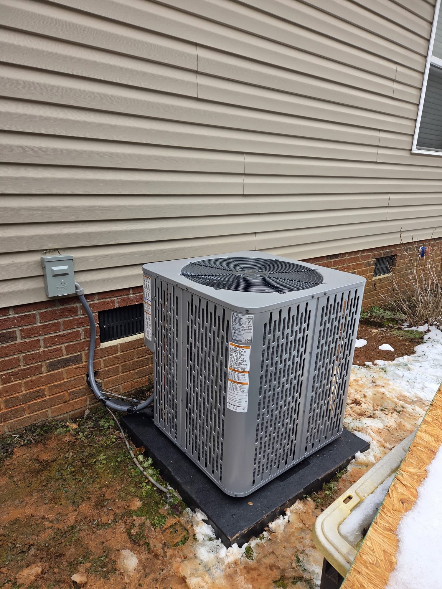 Replaced 2.5 ton heat pump and air handler. Replaced pad, whip, disconnect, thermostat. Had to replace return plenum bc it was rusted through on the bottom. Verified operation in heating mode. System is operational at time of departure.