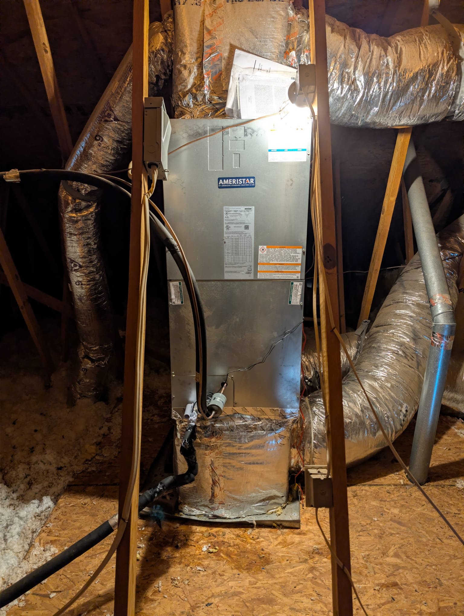 3-Ton Heat Pump/Air Handler 
Replaced 3-ton heat pump with air handler. Replaced pad, whip, disconnect, and thermostat. Had to modify existing plenums and strengthen the return plenum that the air handler sits on. Installed 2 float switches one in line with the drain line and one for the pan. Verified system in heating mode. System is operational at time of departure.