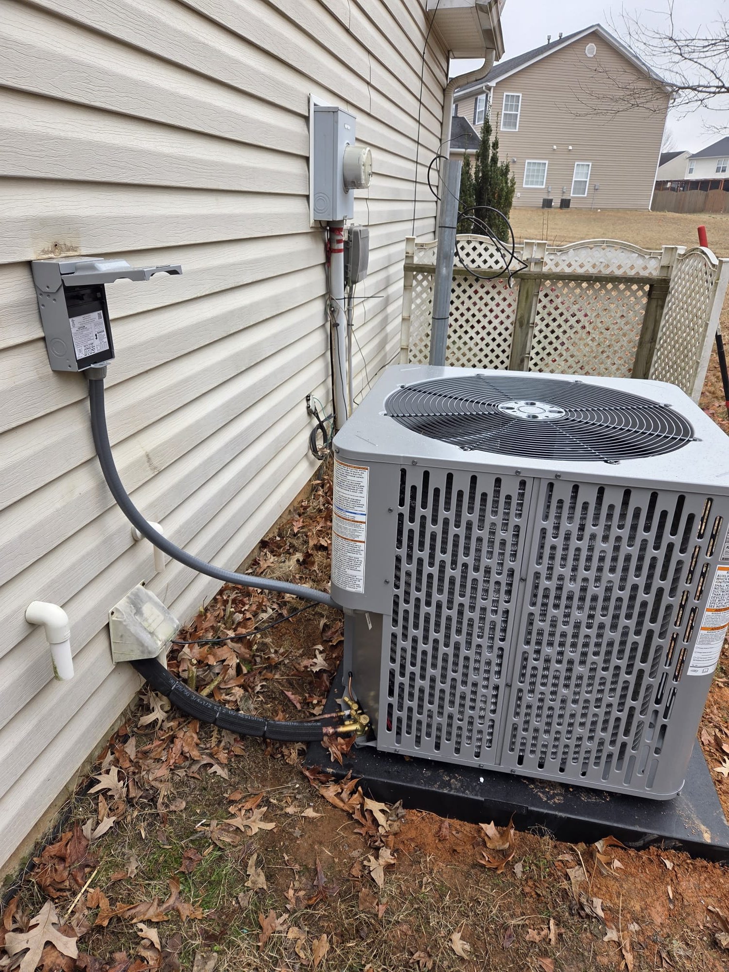 3-Ton Heat Pump/Air Handler 
Replaced 3-ton heat pump with air handler. Replaced pad, whip, disconnect, and thermostat. Had to modify existing plenums and strengthen the return plenum that the air handler sits on. Installed 2 float switches one in line with the drain line and one for the pan. Verified system in heating mode. System is operational at time of departure.