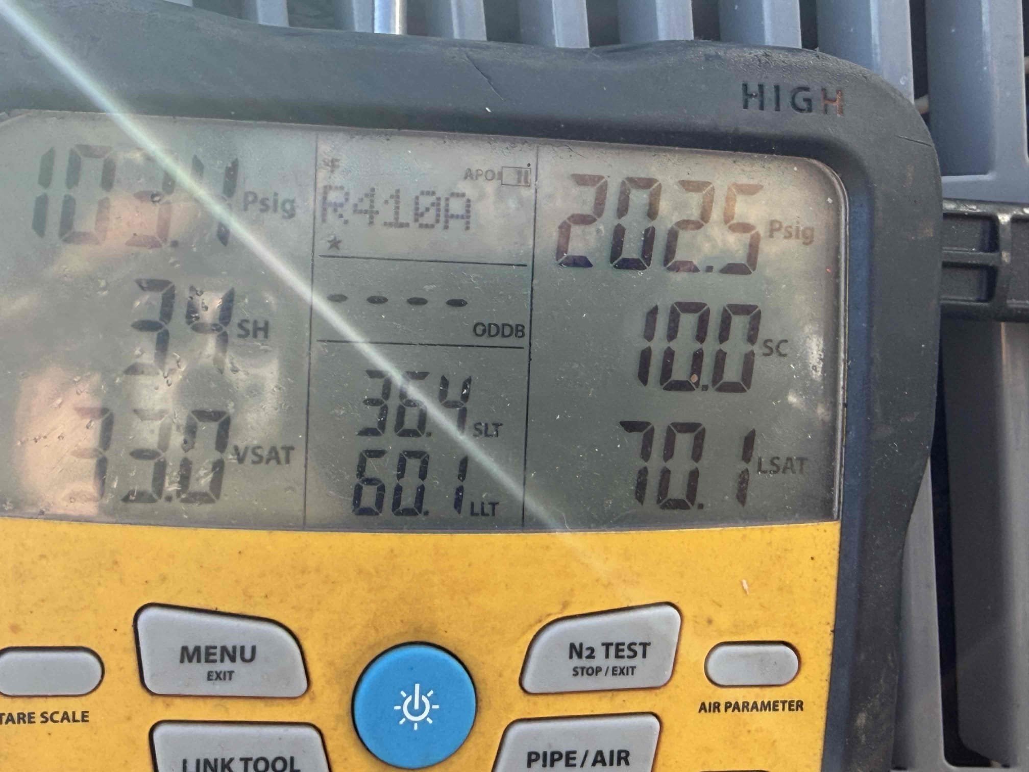 
Charge system 1 pound of 410 a. sub cool super heat is off. Pressures are low for the ambient temp outdoors.