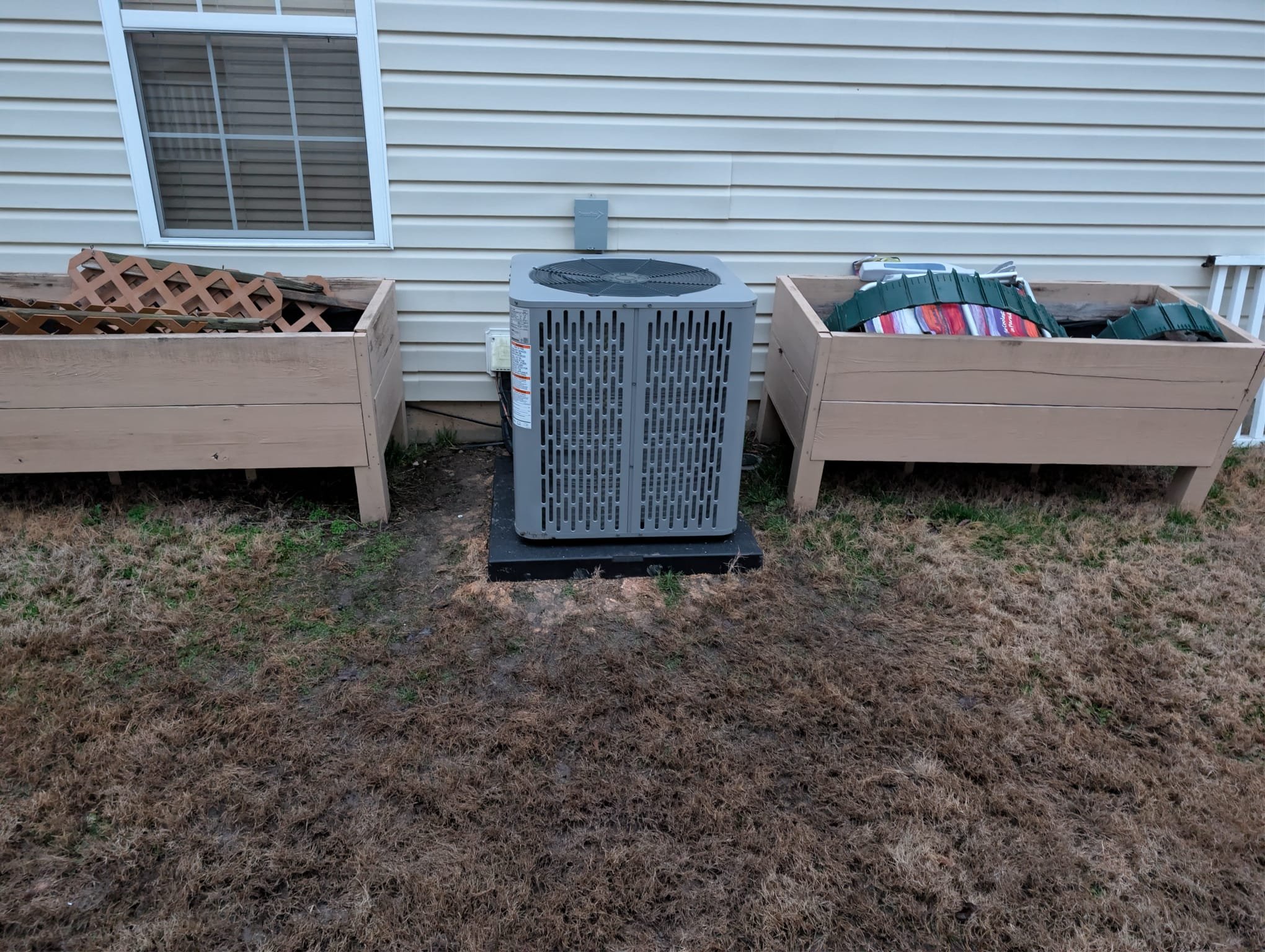 Replaced 2.5 ton heat pump and air handler. Installed new pad, drain pan, disconnect, whip, and thermostat. Installed 2 new float switches. Installed 20x20x4 Aprilaire filter. Flushed line set and drain line. Verified operation in heating mode. System is operational at time of departure. Homeowner requested a wifi thermostat but did not have one on the truck at time of install.