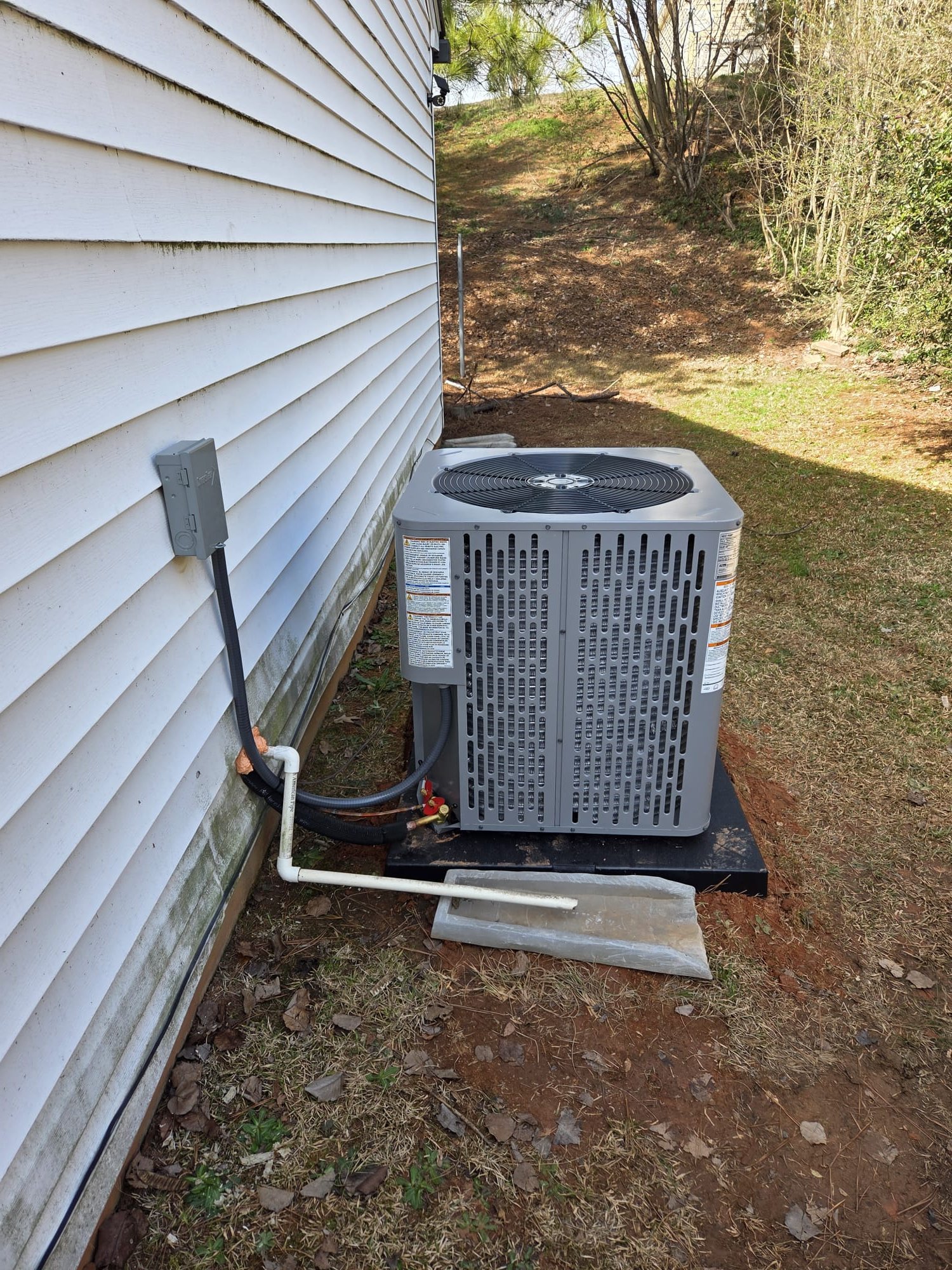 Replaced 2.5 ton heat pump air handler. Replaced whip, disconnect, pad, drain pan, and thermostat. Installed 20x20x4 Aprilaire filter and removed 1" filter from filter rack. Installed 2 drain safety float switches. Verified system in cooling. System is operational at time of departure.