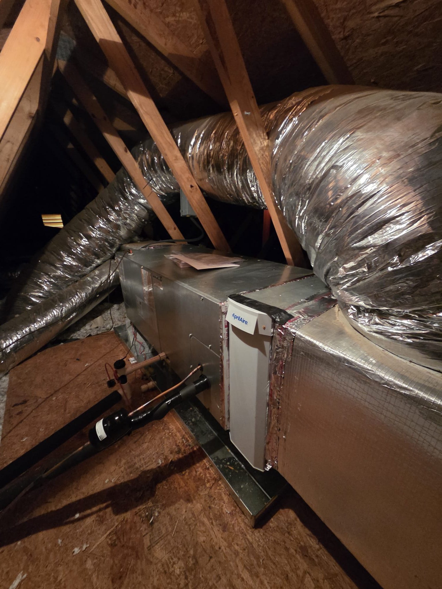 Replaced 2.5 ton heat pump air handler. Replaced whip, disconnect, pad, drain pan, and thermostat. Installed 20x20x4 Aprilaire filter and removed 1" filter from filter rack. Installed 2 drain safety float switches. Verified system in cooling. System is operational at time of departure.