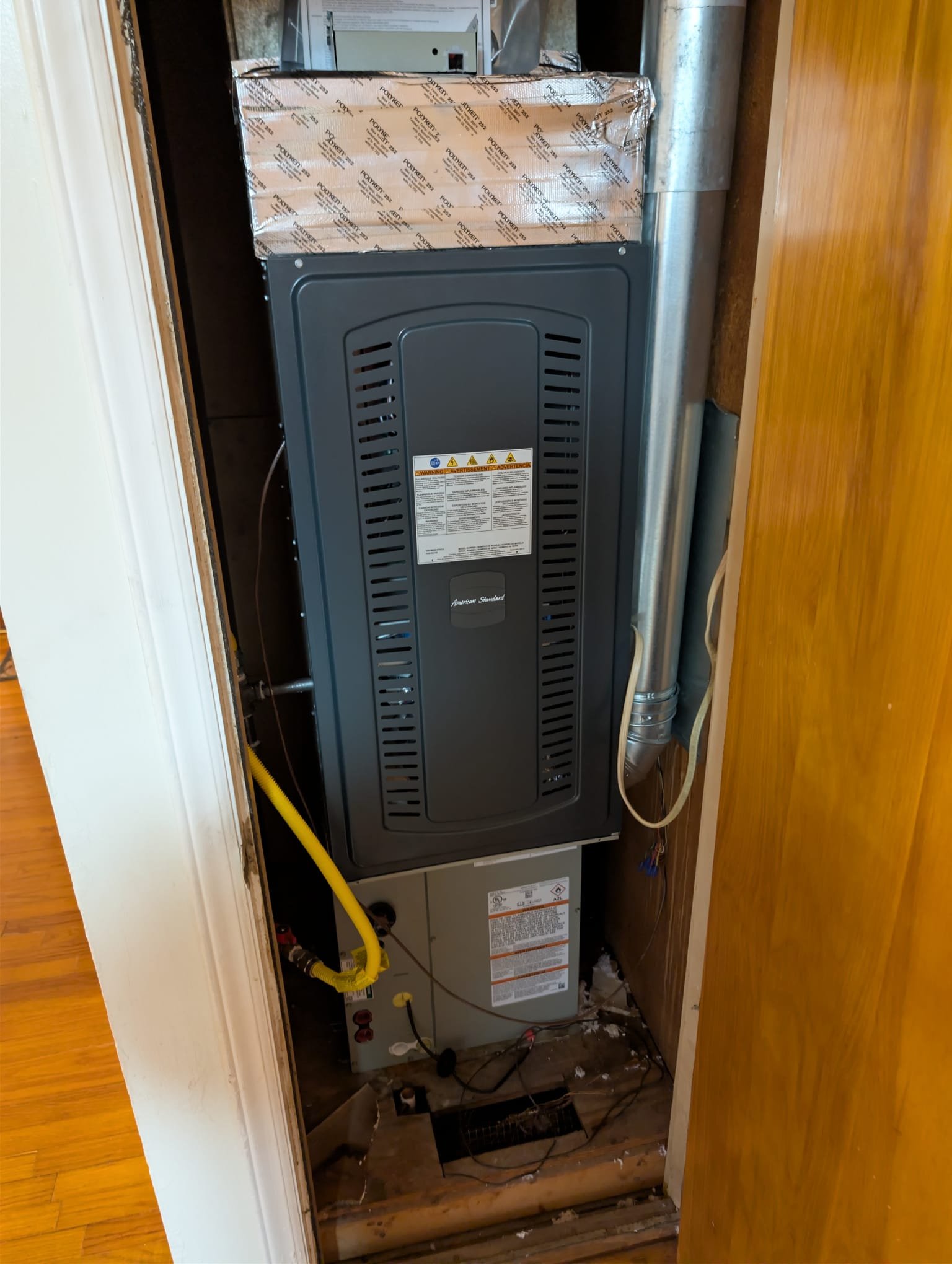 Need to return to complete AC section

Ran new line set, new flue pipes out of roof, sealed ceiling above furnace and hole going to crawlspace. Installed new whip and pad. Verified system in heating and cooling. System is operational at time of departure.