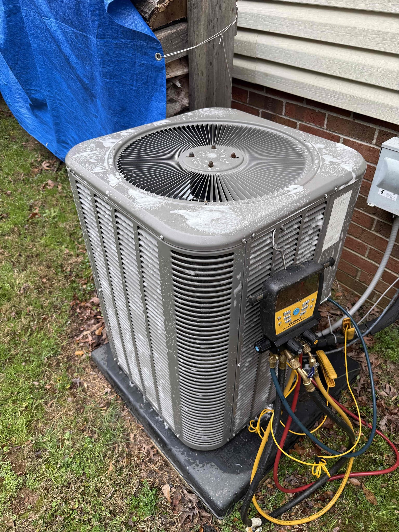 Installation of new 35/5 mfd capacitor on the heat pump for the compressor and condenser fan motor and a 7.5 MFD on the blower motor in the air handler