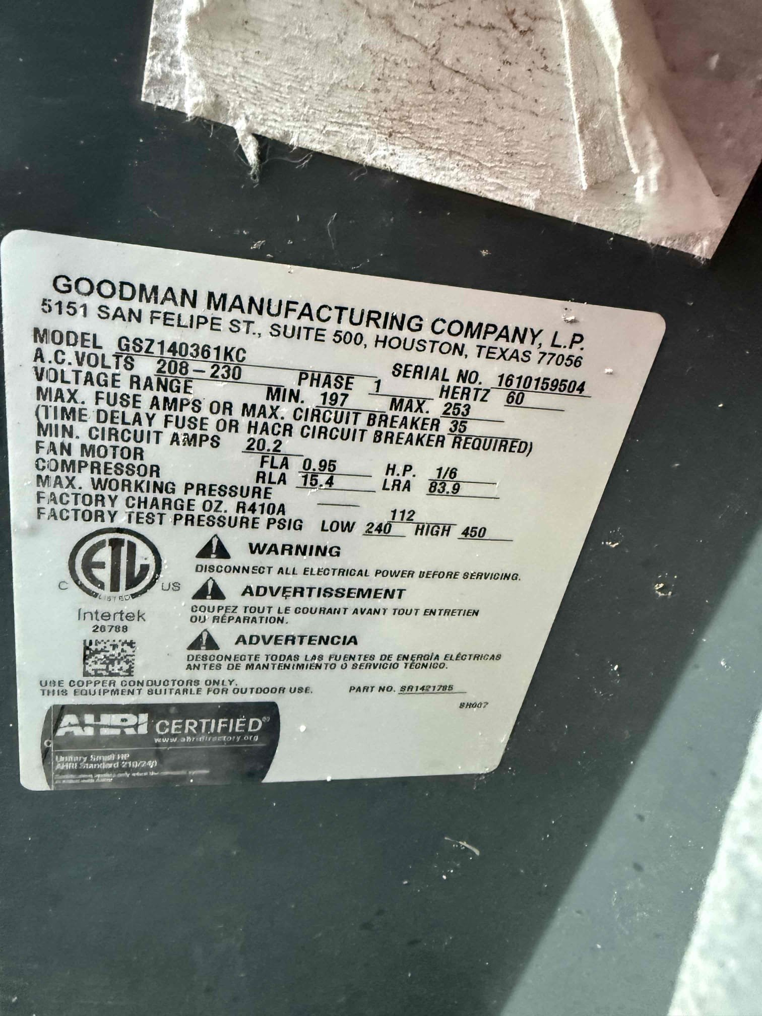 45/5MFD capacitor installed on 4 ton Goodman
