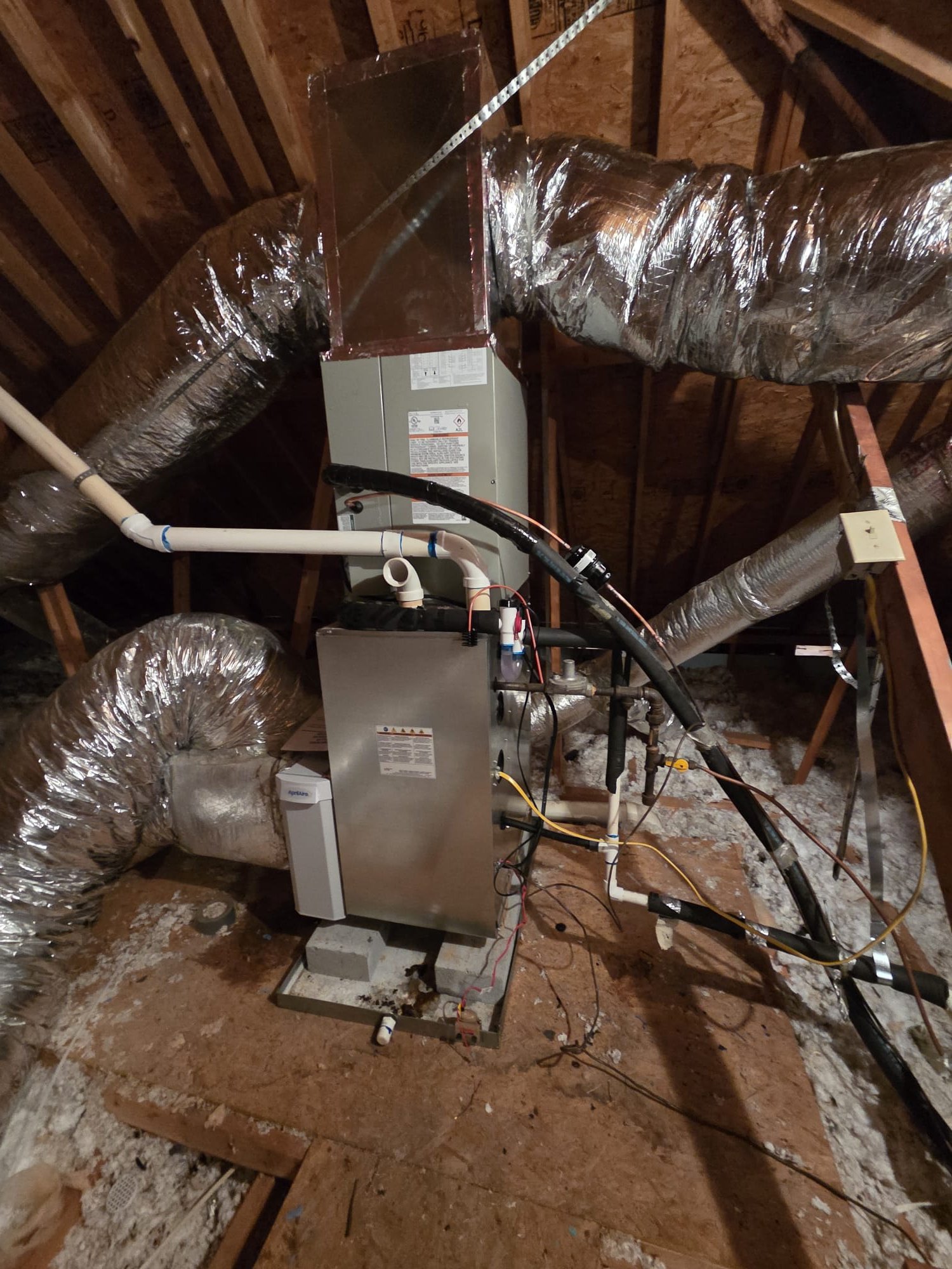 Replaced 3-ton ac coil and 90% 80k BTU furnace. Rerouted drain lines. Flushed line set. Installed new supply plenum and reconnected duct with flex since new unit is much taller. Installed pan switch and ez trap. Installed Wi-Fi thermostat for downstairs unit. Verified system in cooling mode. System is operational at time of departure.