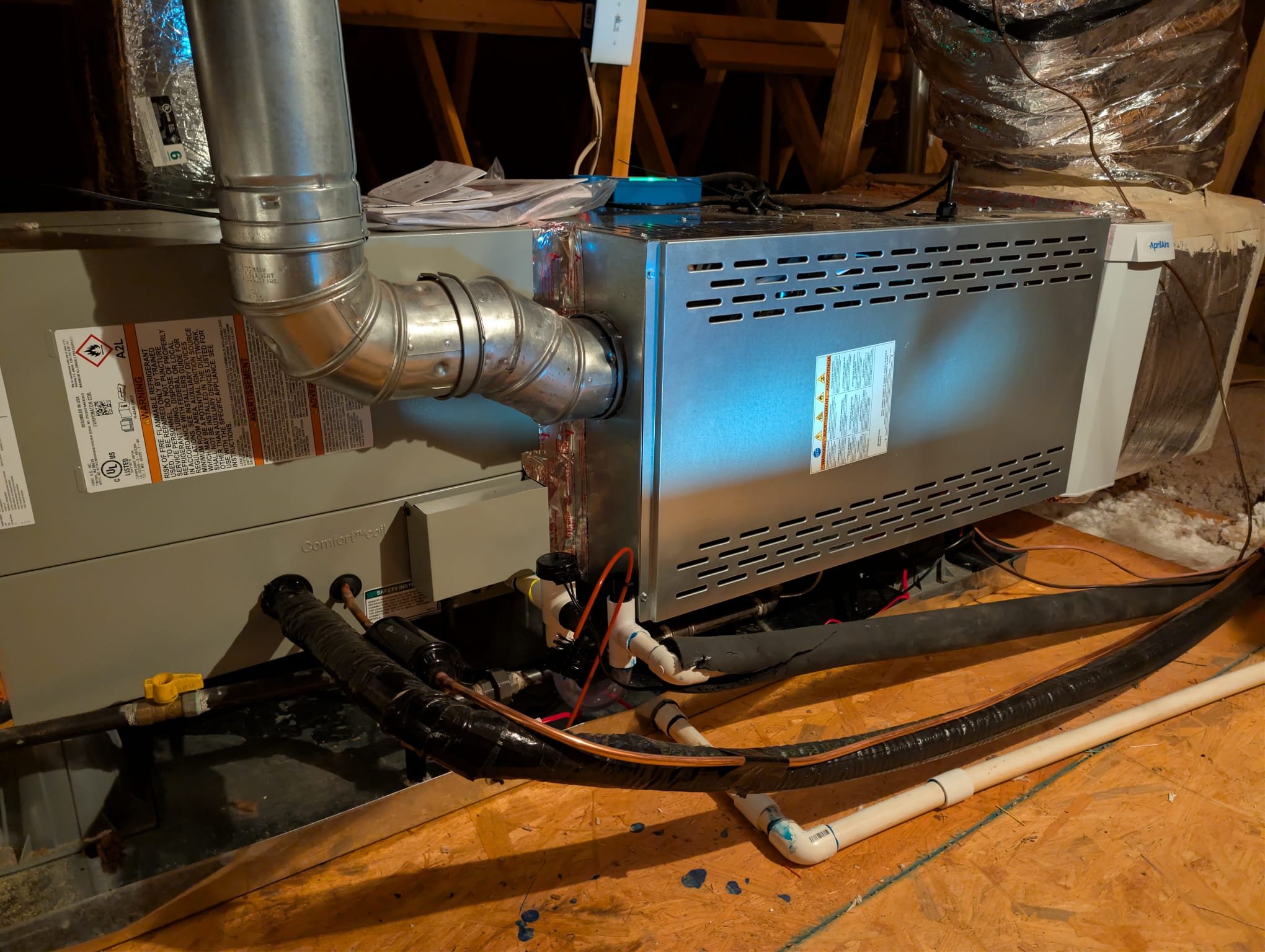 Installed new 3.5 ton ac/coil with 80% 80k BTU furnace. New pad, whip, disconnect, drain pan, thermostat, line set with line hide. Installed easy start on outdoor unit. Installed new 16x25x4 aprilaire and removed existing 1" filter in grille. Verified operation in heating and cooling. System is operational at time of departure.