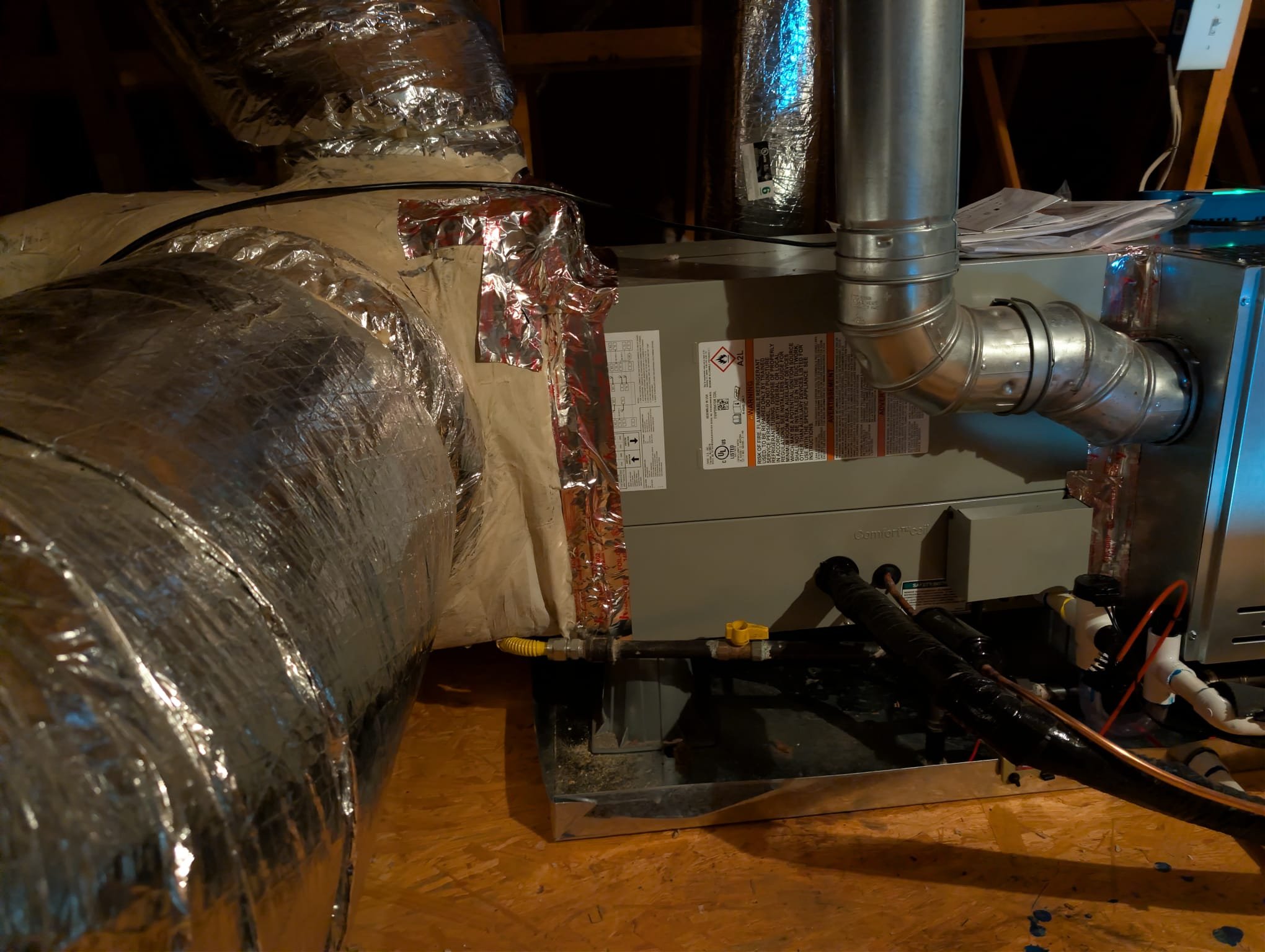 Installed new 3.5 ton ac/coil with 80% 80k BTU furnace. New pad, whip, disconnect, drain pan, thermostat, line set with line hide. Installed easy start on outdoor unit. Installed new 16x25x4 aprilaire and removed existing 1" filter in grille. Verified operation in heating and cooling. System is operational at time of departure.