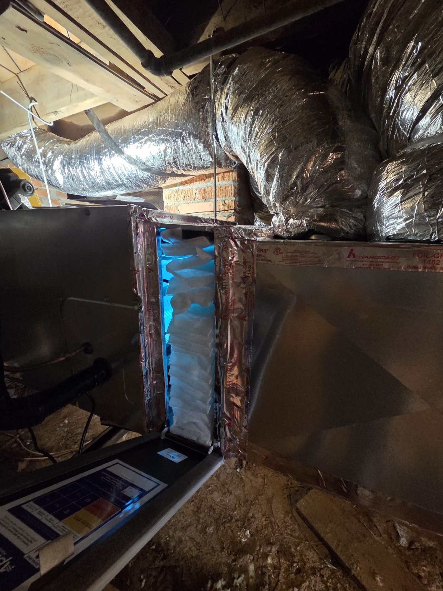 Replaced duct system with a 2.5 ton duct design reconnecting all 5 existing return runs and cutting in a 6th return. Installed uv light in return side of evaporator coil. Verified system in heating. System is operational at time of departure.