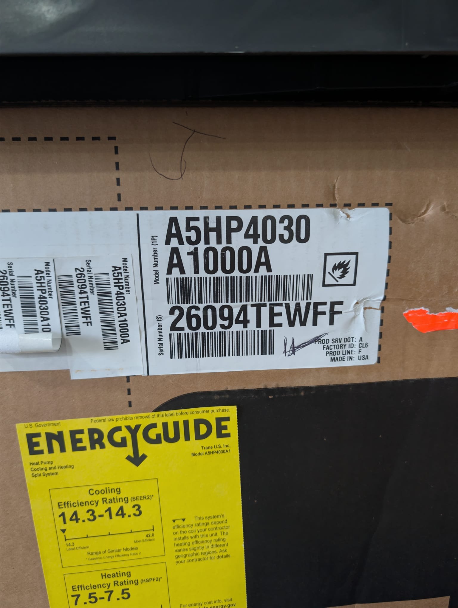 2.5-ton heat pump split system (attic installation)

20x20x4 April Aire Filter 
2 float switches 
New disconnect and whip
New thermostat 
New pad
Verified system in cooling mode
System is operational at time of departure.