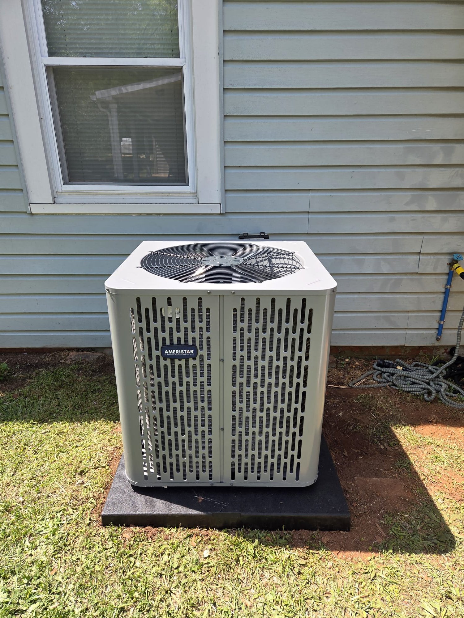 Replaced 2 ton ac/coil and furnace. Swapped from an 80% to a 90% furnace. Installed new thermostat, pad, disconnect, whip. Installed a 16x25x4 aprilaire filter. Installed condensate pump and pulled new thermostat wire from inside to outside with the vinyl tubing. Ran new 2" PVC flue pipe. Verified operation in heating mode. System is operational at time of departure.