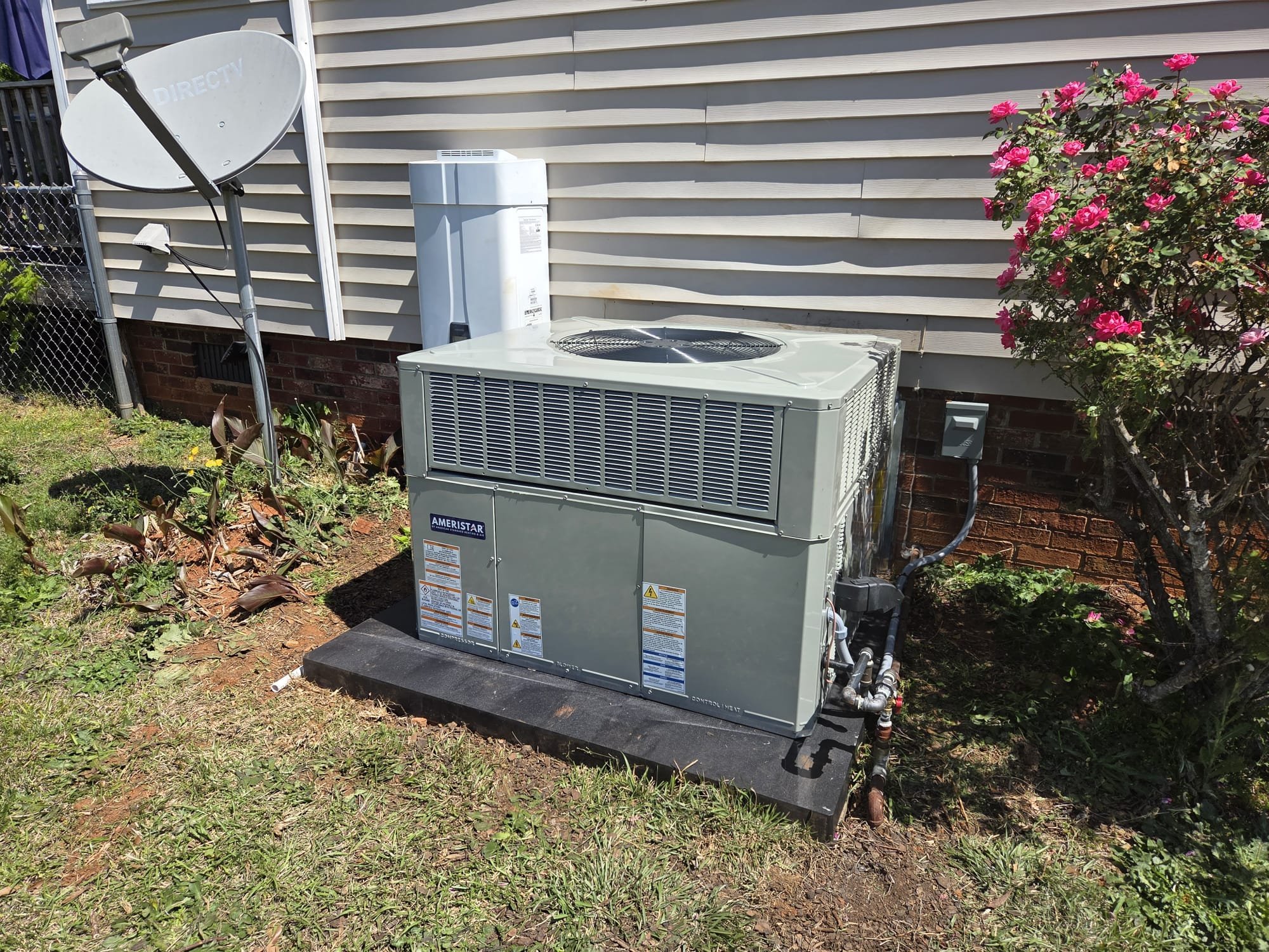Replaced 2 ton gas package unit with new pad, disconnect, whip, and thermostat. Verified operation in heating and cooling mode. System is operational at time of departure.