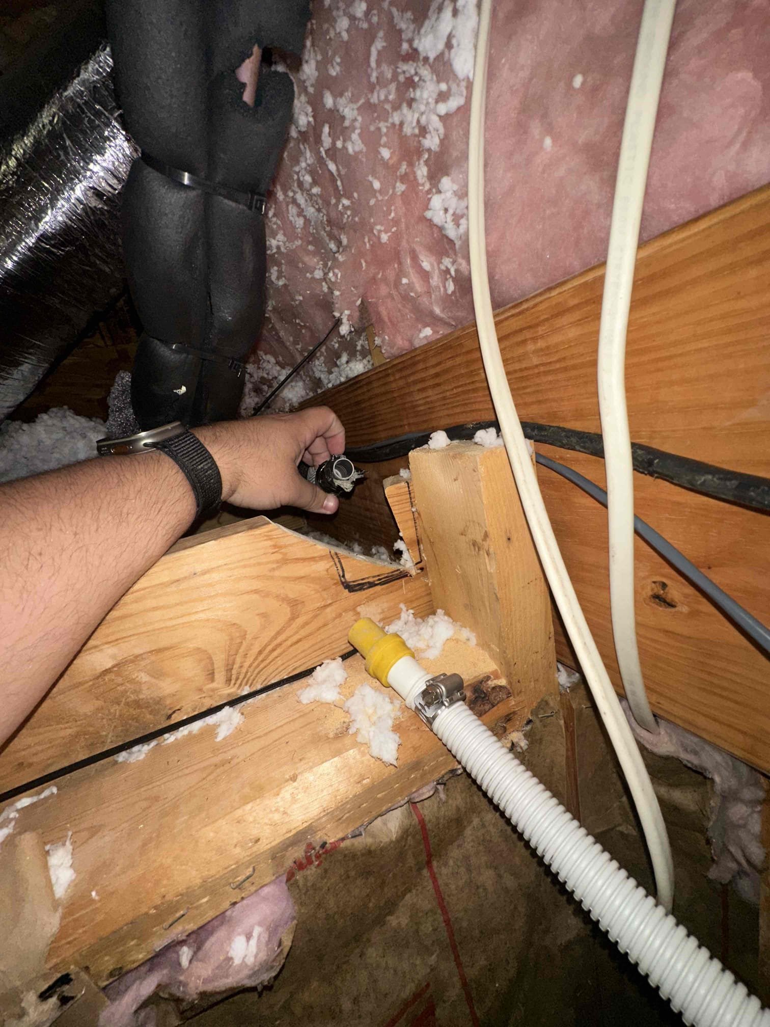 Arrived on site and performed a comprehensive inspection of the system. Upon evaluation, identified an active water leak within the system. The source of the leak was located and repaired, restoring proper operation at this time.

During the inspection, it was also noted that there is an opening where the line set penetrates through the structure that remains unsealed. This area requires proper sealing to prevent potential air infiltration, moisture intrusion, and energy loss.

System is currently operating as intended following the repair; however, a return visit will be required to properly seal the line set penetration and ensure the installation is fully complete and up to standard.

There is some damage on the ceiling due to water leaking through