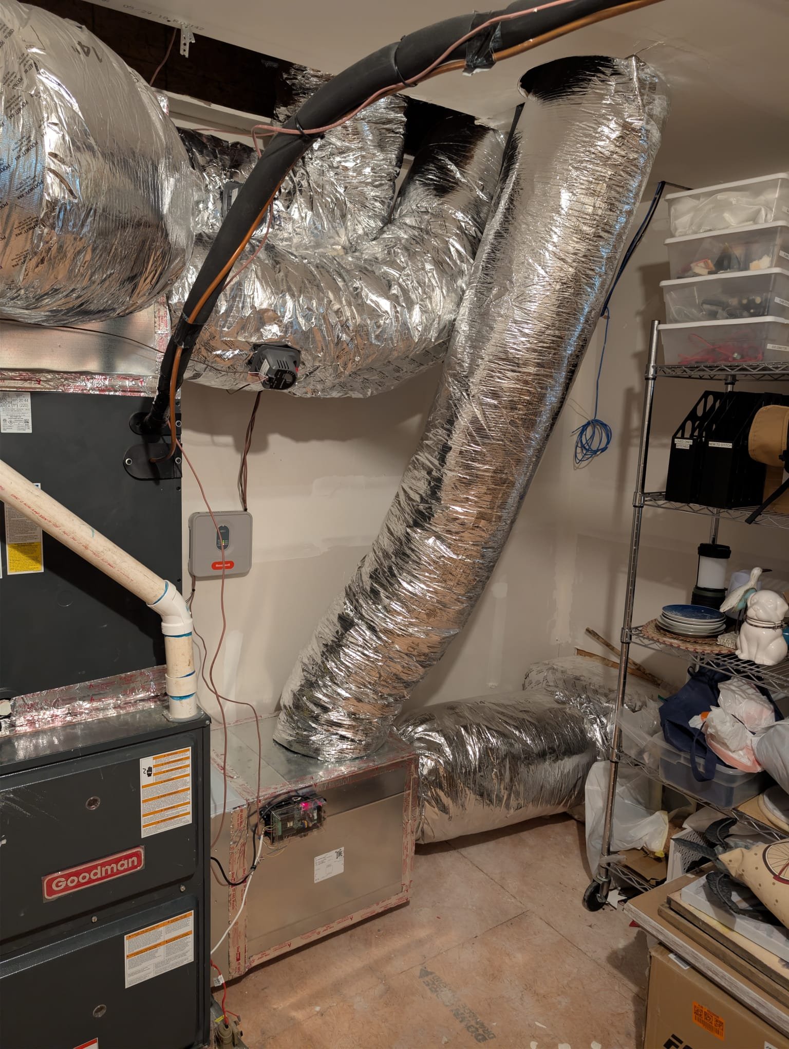 Replaced duct work with 4 trunk lines reconnected 22 supplies and ran 4 returns upsizing a 12 to 14 at the stairs. Installed 2) 20x20x4 Aprilaire filters with new return and supply plenums. Verified zone dampers were operational. Verified system in cooling mode. System is operational at time of departure.