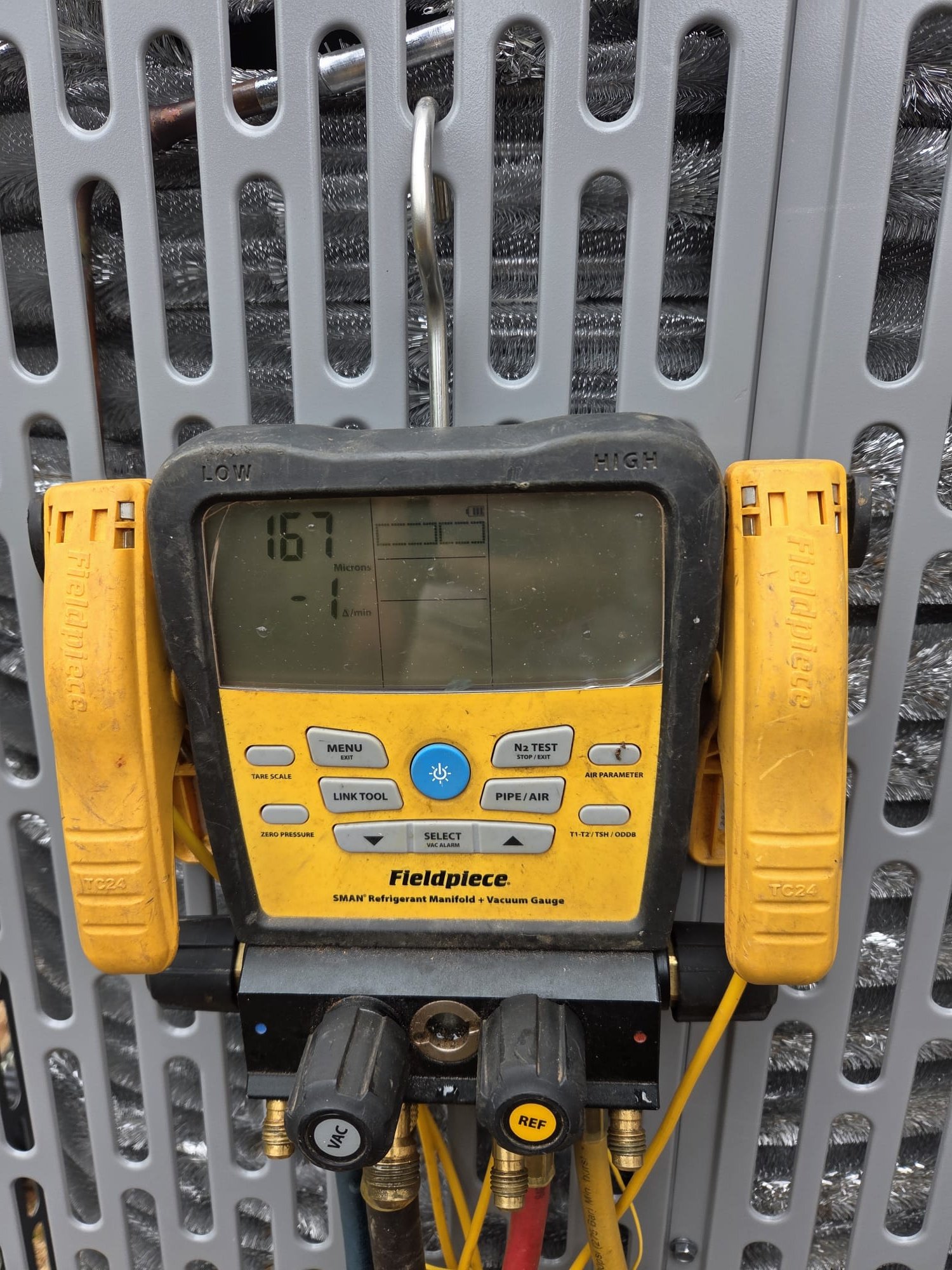 Replaced 4-ton heat pump air handler. Replaced pad, disconnect, whip, thermostat. Ran new line set for correct size for the 4-ton system. Installed 20x20x4 April Aire filter. Verified operation in cooling mode. System is operational at time of departure.