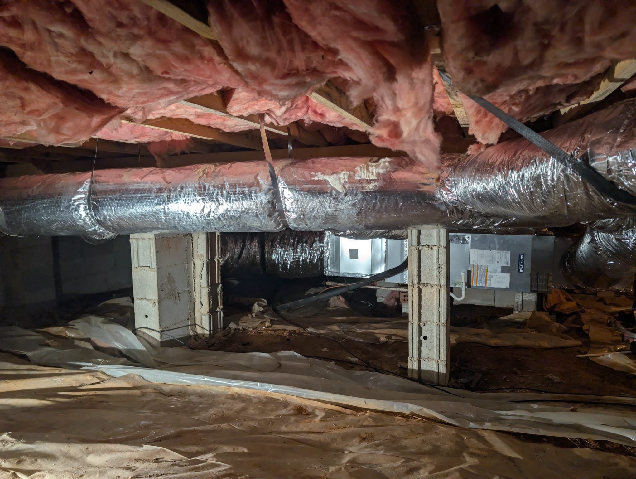 Installation of new 2.5 ton heat pump split system in the crawlspace with April Air advanced filtration. Replaced duct system. Installed new pad, disconnect, whip, thermostat. Verified operation in cooling mode. System is operational at time of departure. Dean promised a new filter grille for inside the home. Need to return to replace that.