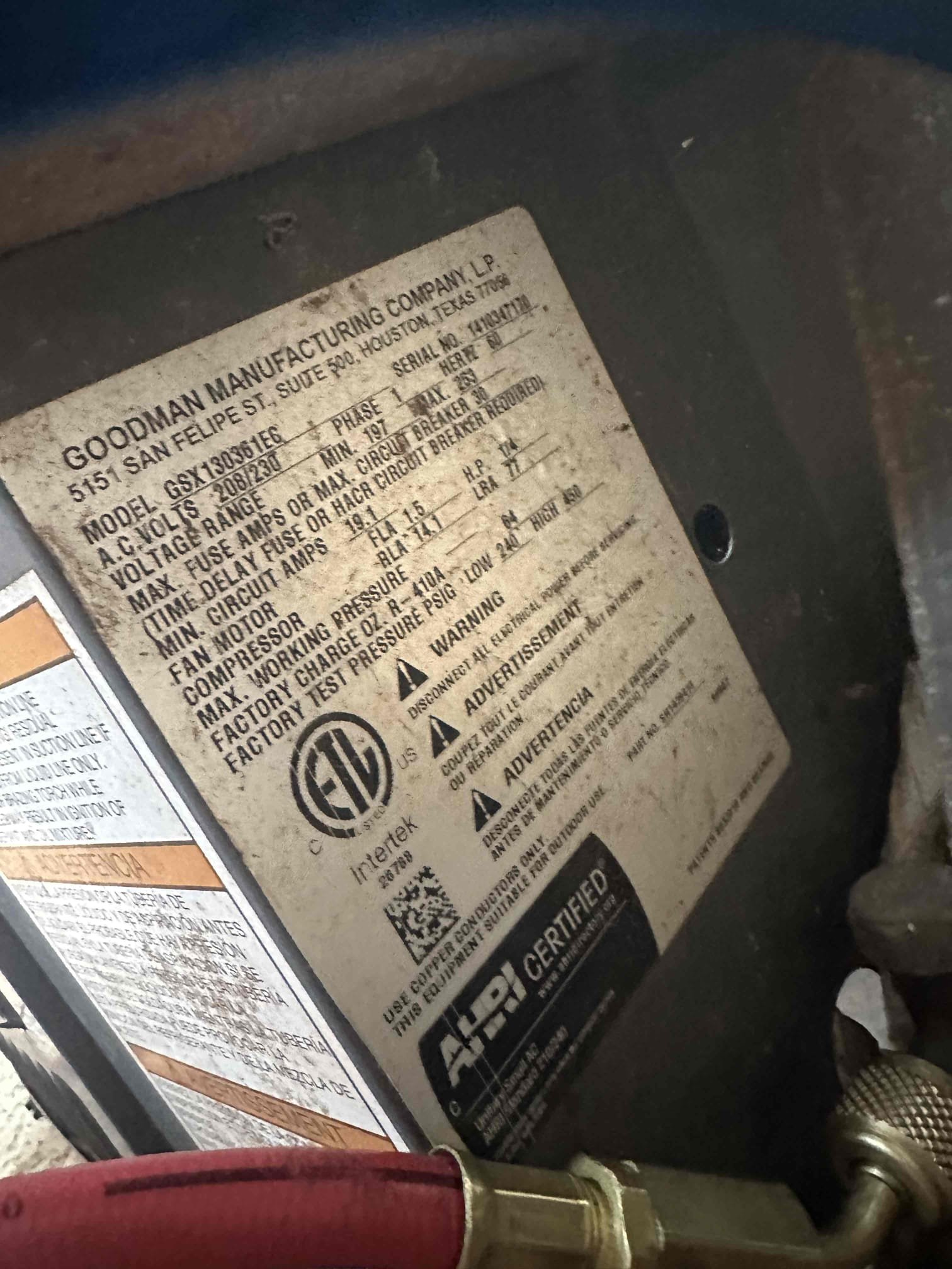 Arrived on site to inspect the customer’s HVAC system under an American Home Shield service request. Performed a full diagnostic evaluation of the indoor and outdoor equipment to determine the cause of the system performance issues.

During inspection, found the system to be a 2013 model utilizing R-410A refrigerant. Further testing and system analysis confirmed the evaporator coil is leaking refrigerant, resulting in the system operating with a low refrigerant charge. Due to the low refrigerant condition, the compressor is overheating and over-amping during operation, causing the system to run inefficiently and placing excessive strain on major components.

Checked overall system operation, refrigerant pressures, compressor amperage, and airflow. Verified that the leaking evaporator coil is the primary failure causing the cooling performance issues and abnormal compressor operation. Continued operation in current condition may lead to further compressor damage or complete system failu