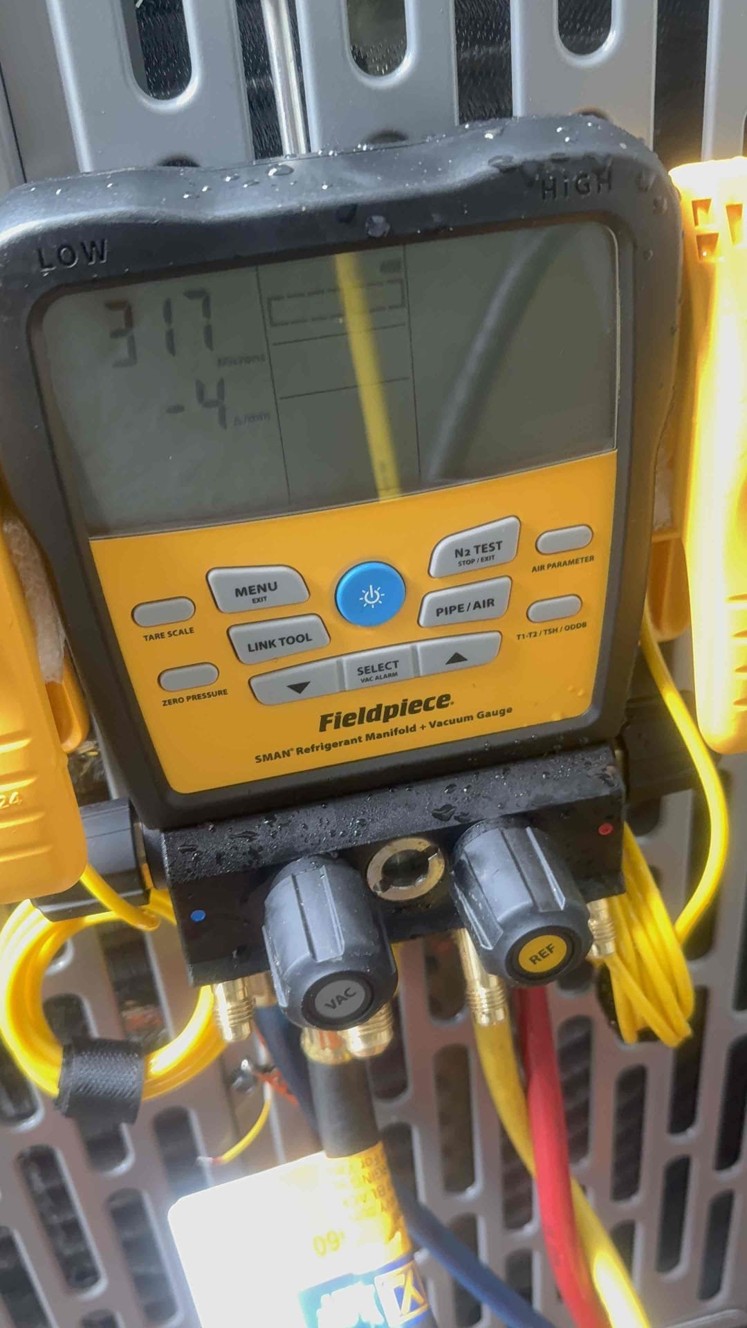 Installed heat pump in air handler with April wire filtration. New pad, disconnect and drain pan. Pulled vacuum down below 500 microns after pressure testing. Adjusted sub cooling to 10 degrees and made sure unit was draining. System cooling properly upon departure. 