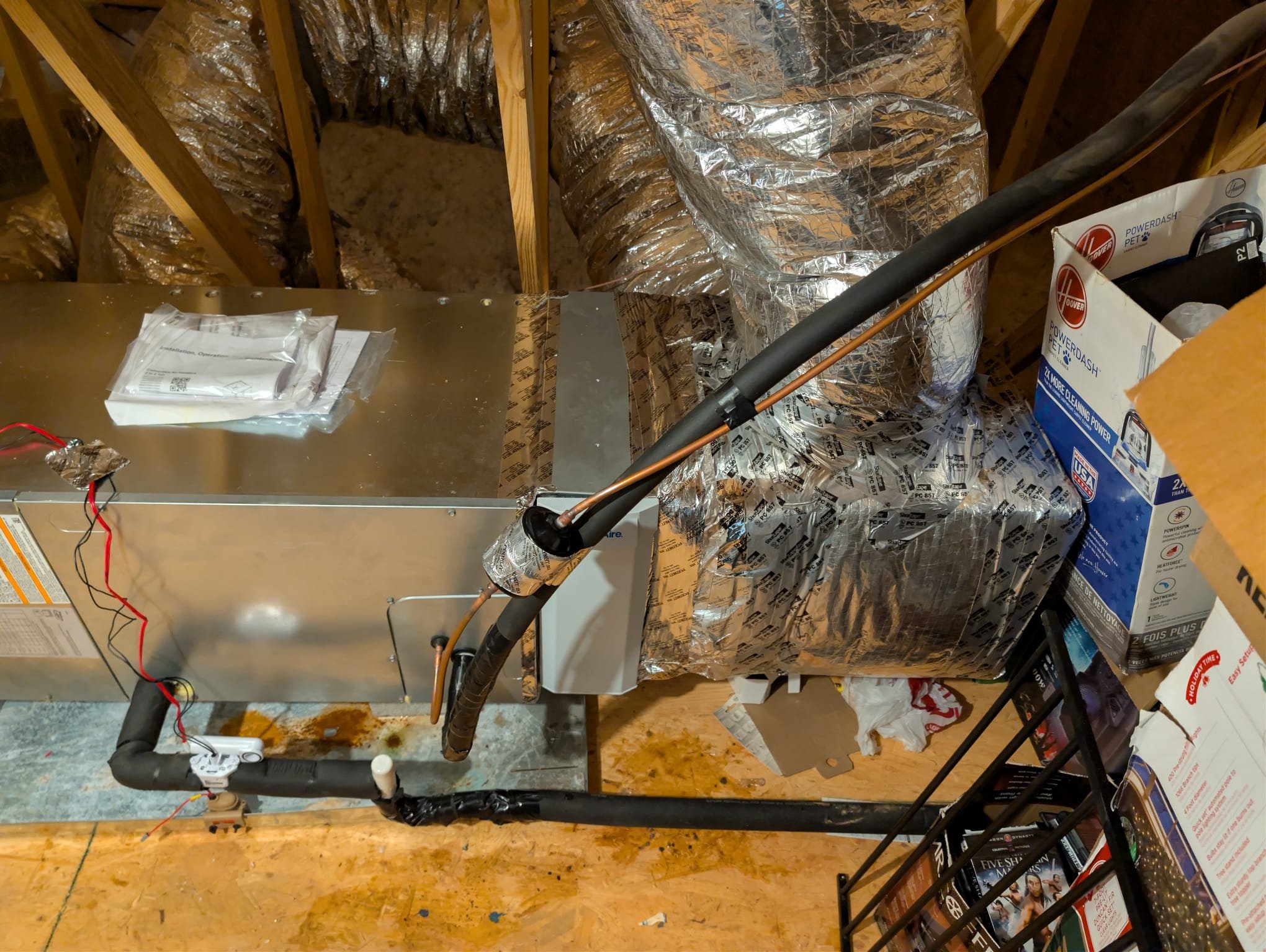 Replaced 3 ton heat pump and air handler. Replaced pad, disconnects, whip, and thermostat. Installed 16x20x4 aprilaire cabinet. Installed 2 float switches. Verified operation in cooling mode. System is operational at time of departure.