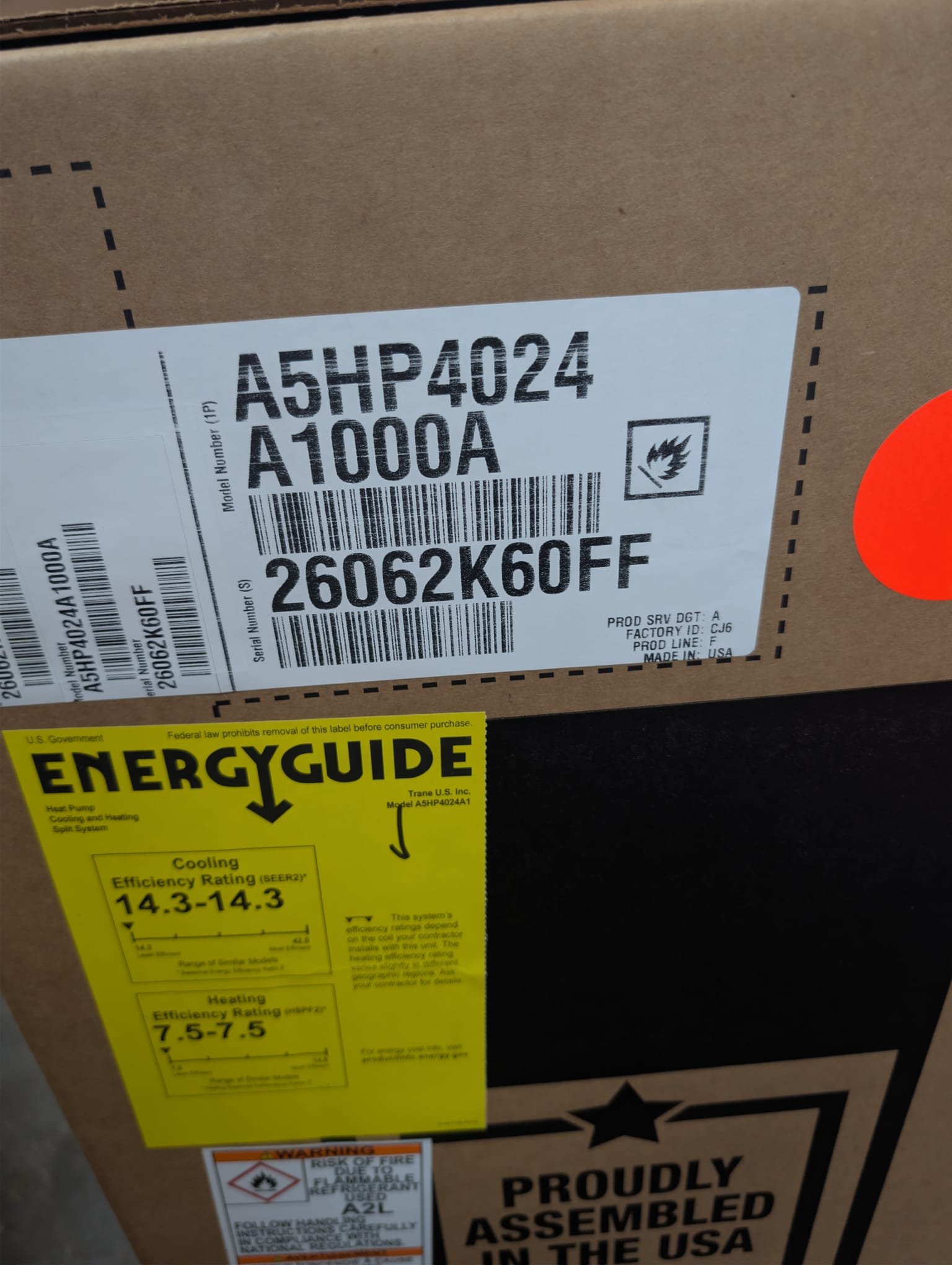 Installation of 2Ton HP/AH
*Pad *Whip *Thermostat *Warranty 10Yr. Parts / 1Yr. Labor
*Disconnect *454B *1Yr. Maintenance Agreement

Replaced 2 ton heat pump and air handler. Replaced pad, disconnect, whip, thermostat, and drain pan. Installed 2 float switches. Reconnected plenums. Verified operation in cooling mode. System is operational at time of departure.