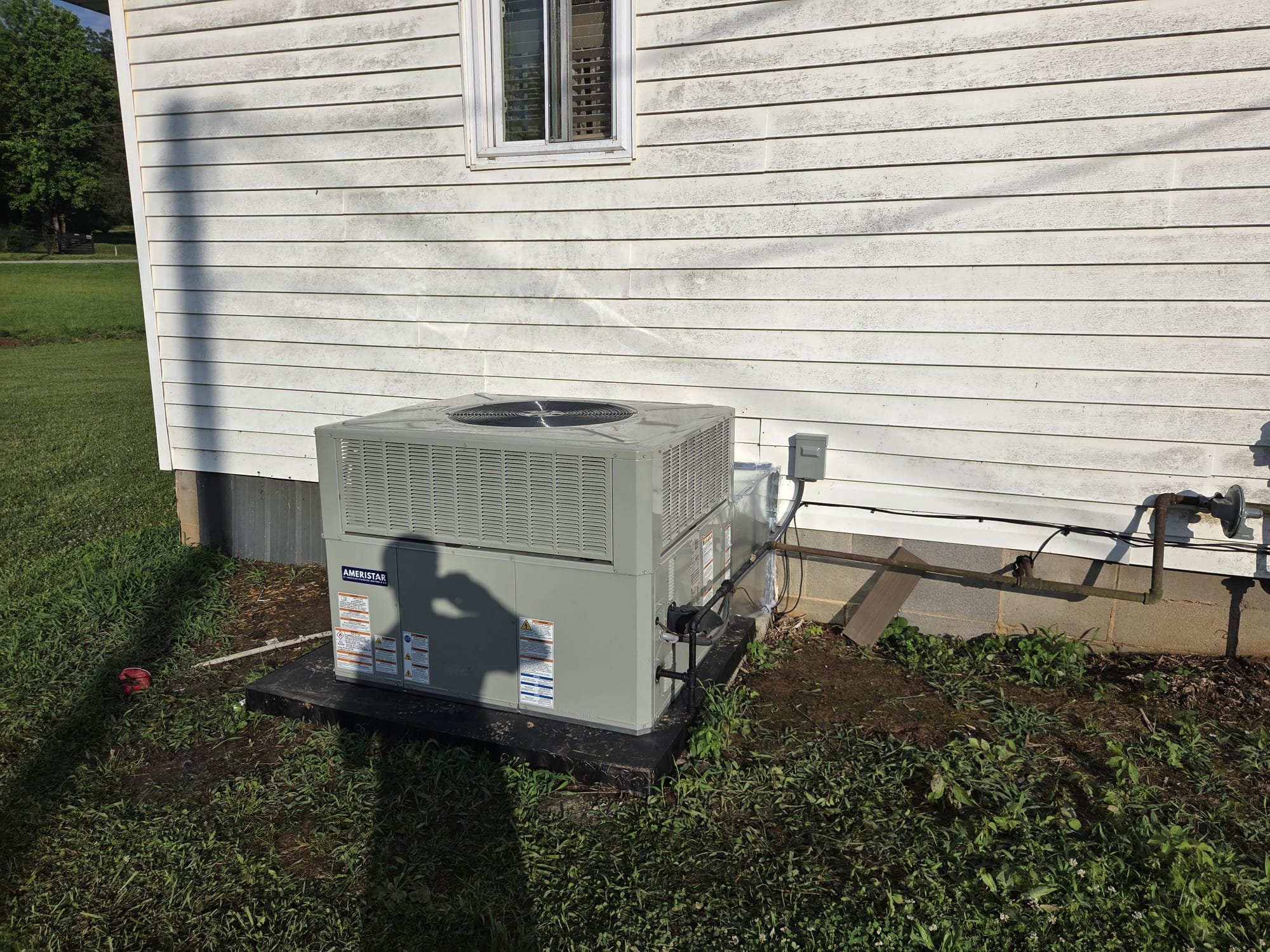 Replaced 3 ton gas package unit. Replaced disconnect, whip, pad, and thermostat. Rebuilt flashing and sealed it with silicone. Verified operation in cooling mode. System is operational at time of departure.