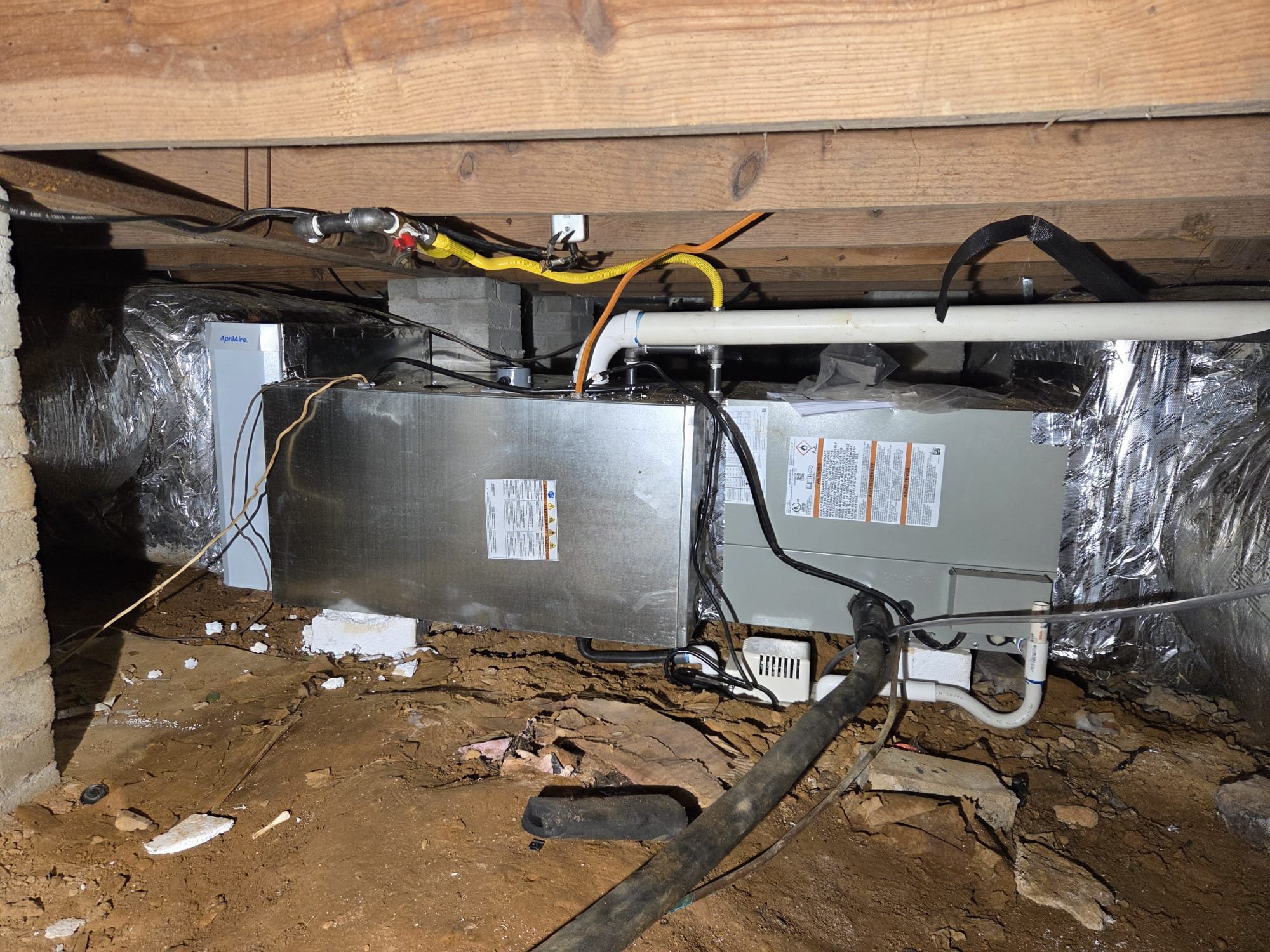 Replaced 4-ton ac/coil and 90% 80k BTU furnace. Replaced pad, whip, disconnect, and thermostat. Installed 20x25x4 April Aire. Installed new condensate pump. Verified operation in cooling mode. System is operational at time of departure.