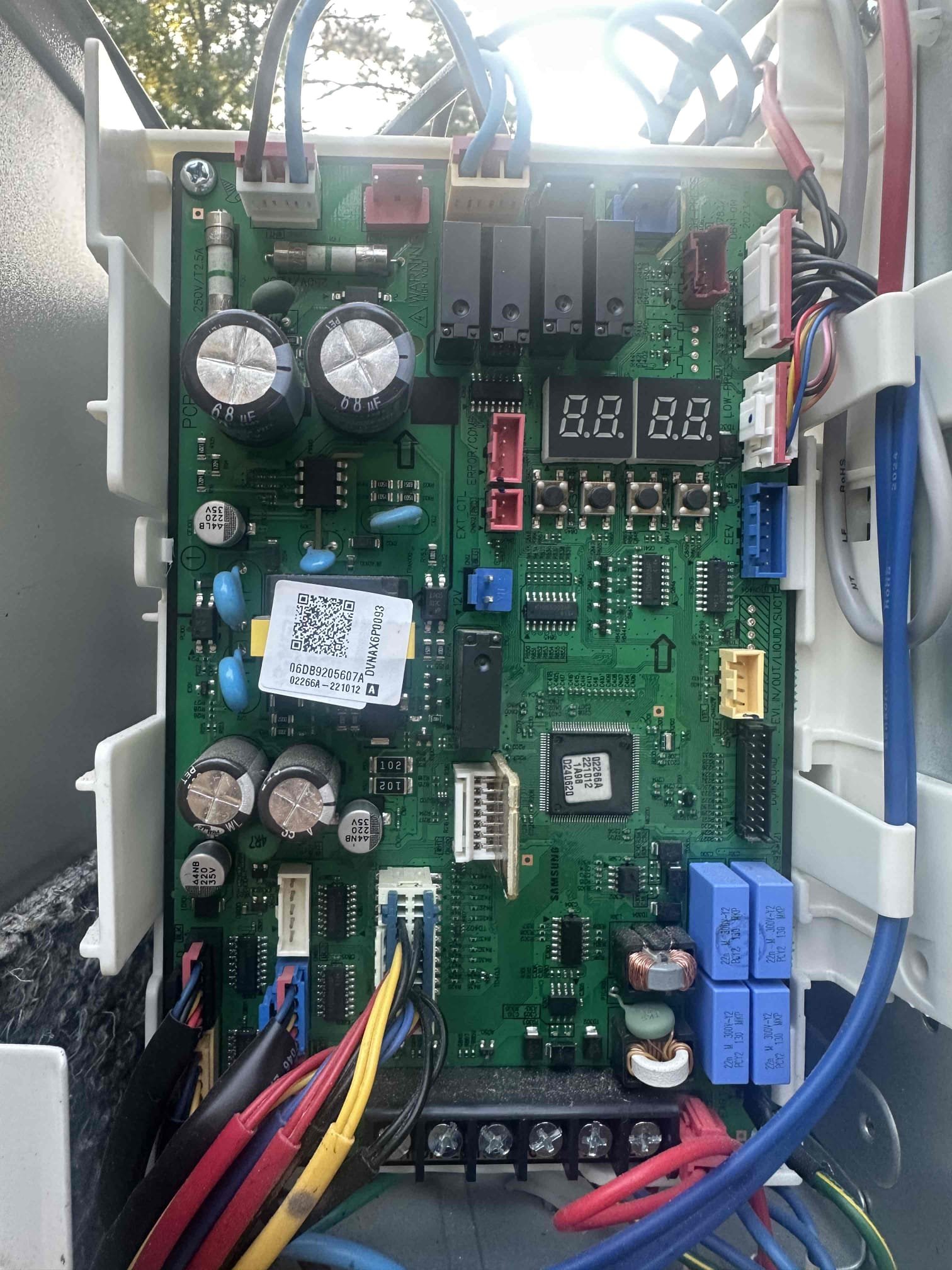 Arrived on site for a Samsung three-headed mini split system. Upon inspection, found the outdoor unit control board has visible burn damage, which is directly causing a communication failure between the outdoor unit and indoor head units.

Due to the damaged control board, the system is unable to properly communicate or operate, resulting in system shutdown and failure to respond to commands from the indoor units. All other components were inspected briefly and the primary failure point has been identified at the outdoor PCB.

Recommendation at this time is to replace the outdoor control board to restore proper system communication and operation. We will need to coordinate with Clinton first thing tomorrow morning to verify part availability and place the order for the correct replacement board.

Once the part is secured, we will schedule return service to install the new board, test system communication across all three heads, and confirm proper operation and refrigerant system perfor