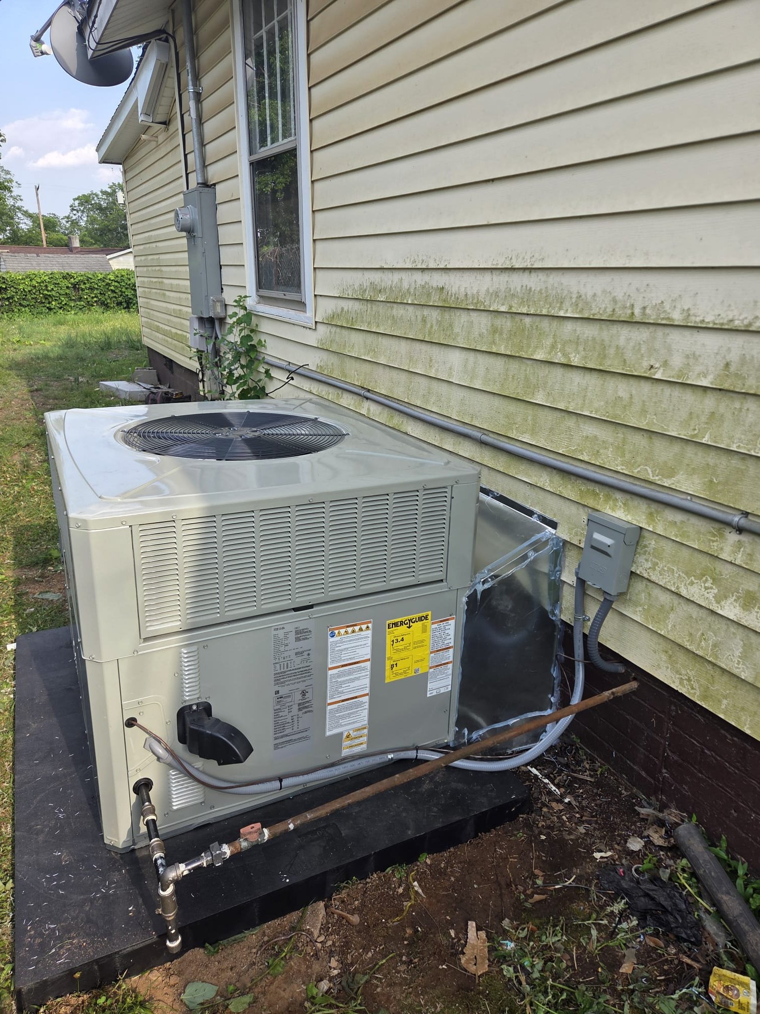 Replaced 2 ton gas package unit. Replaced pad, disconnect, whip, and thermostat. Rerouted gas line and power whip to the opposite side to be on the correct side of the new package unit. Reconnected duct work and built new flashing. Verified operation in cooling mode. System is operational at time of departure.