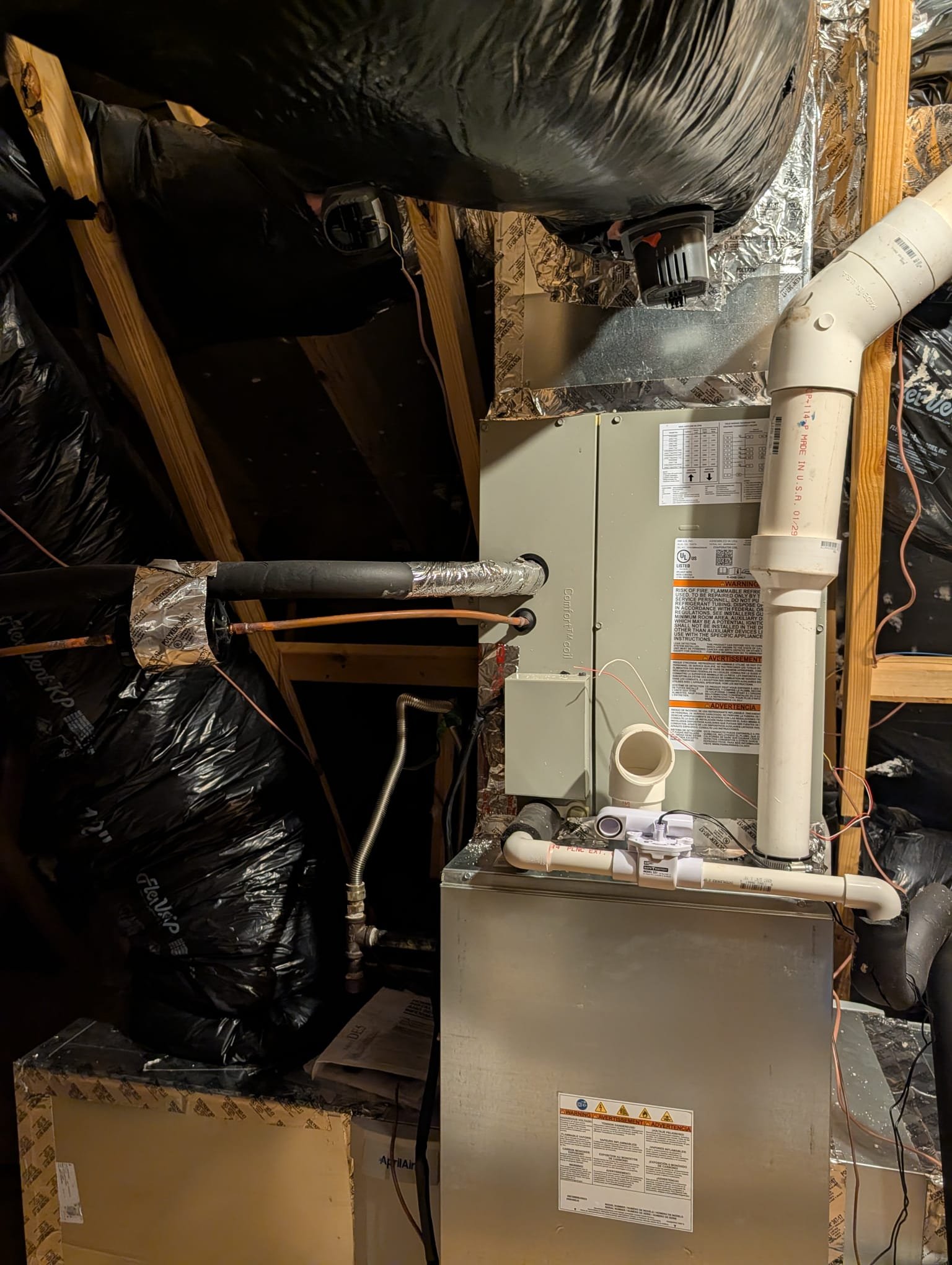 Replaced 3 ton ac/coil with 90% furnace in the attic. Replaced pad, whip, three thermostats, drain pan. Replaced supply plenum and installed 2 return plenums with 2) 16x20x4 aprilaire cabinets. Installed 2 float switches. Reconnected flue pipe, gas line, and condensate lines. Found 2 of the zone motors were not opening back up. Will need to return to replace those. I manually opened them and removed the wires. Verified operation in cooling mode. System is operational at time of departure.