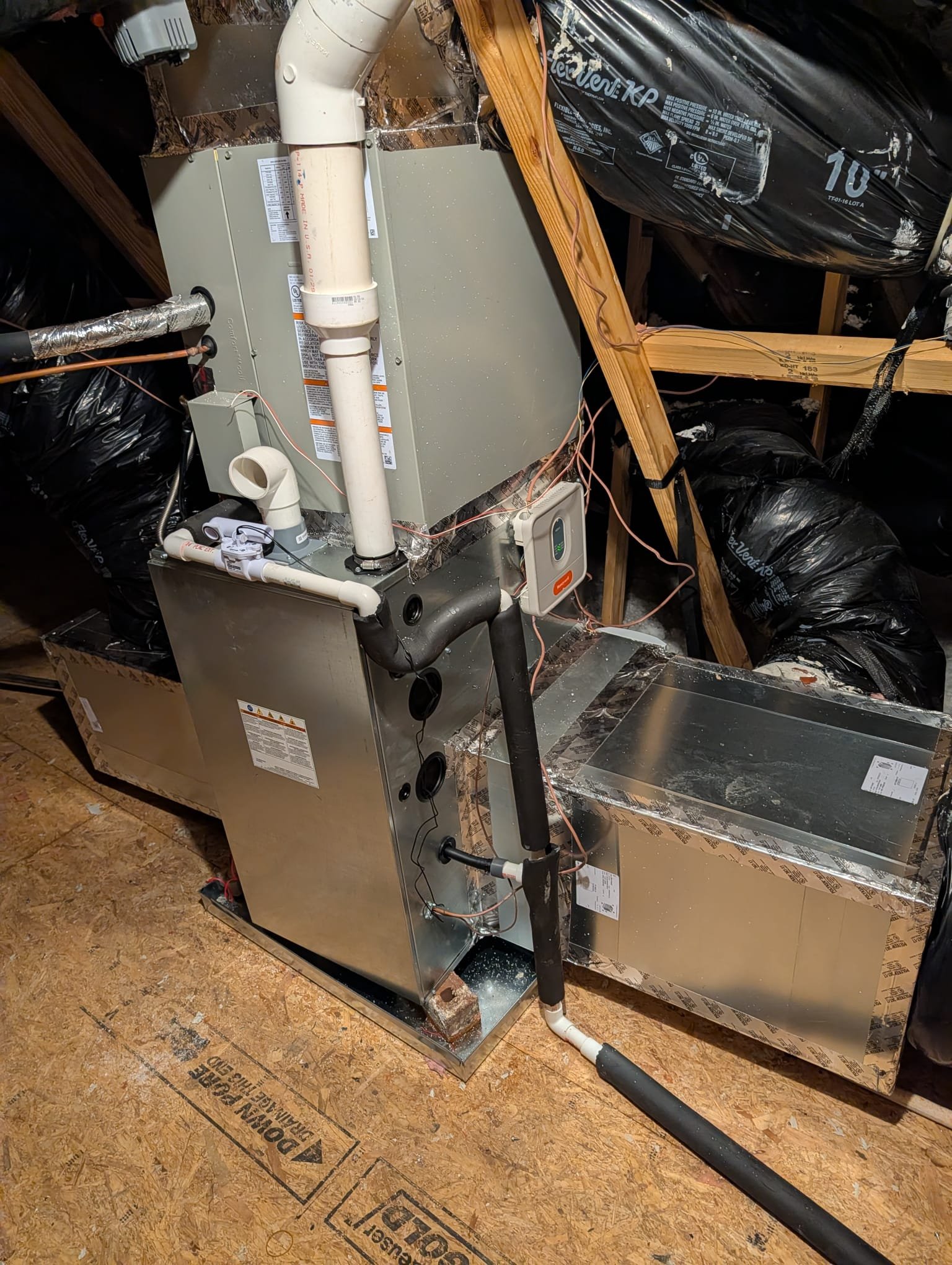 Replaced 3 ton ac/coil with 90% furnace in the attic. Replaced pad, whip, three thermostats, drain pan. Replaced supply plenum and installed 2 return plenums with 2) 16x20x4 aprilaire cabinets. Installed 2 float switches. Reconnected flue pipe, gas line, and condensate lines. Found 2 of the zone motors were not opening back up. Will need to return to replace those. I manually opened them and removed the wires. Verified operation in cooling mode. System is operational at time of departure.