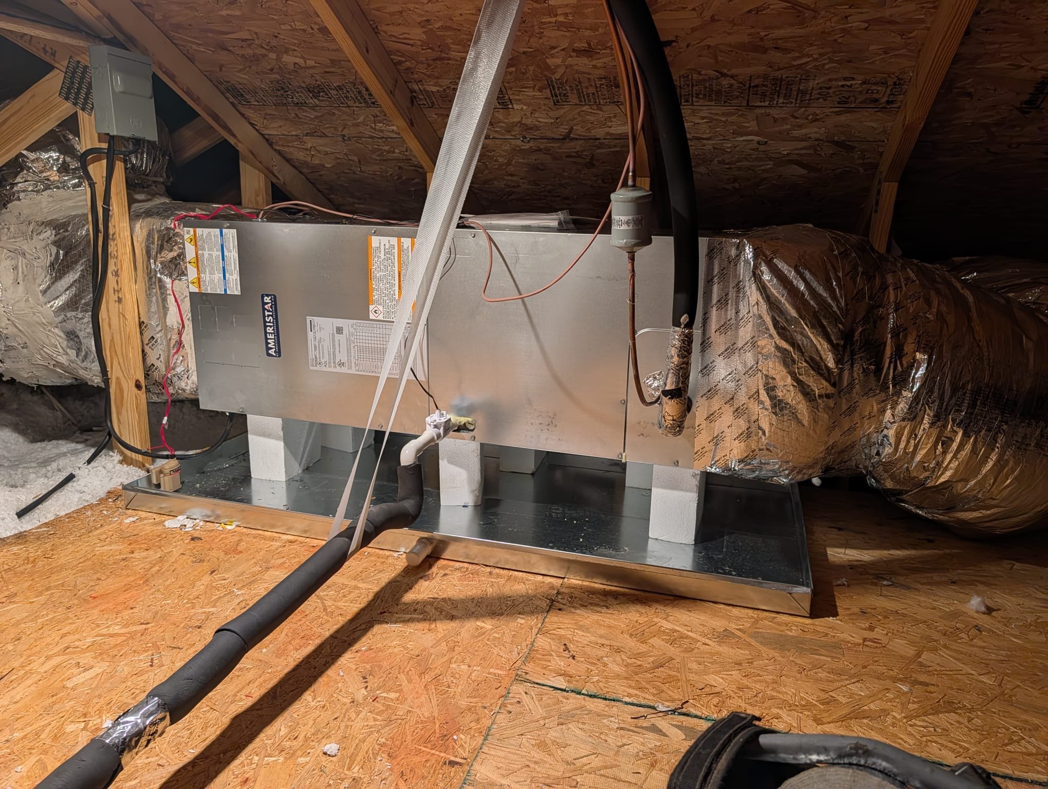 Replaced 3 ton heat pump air handler. Replaced drain pan, disconnect, whip, pad, and wifi thermostat. Verified operation in cooling mode. System is operational at time of departure.